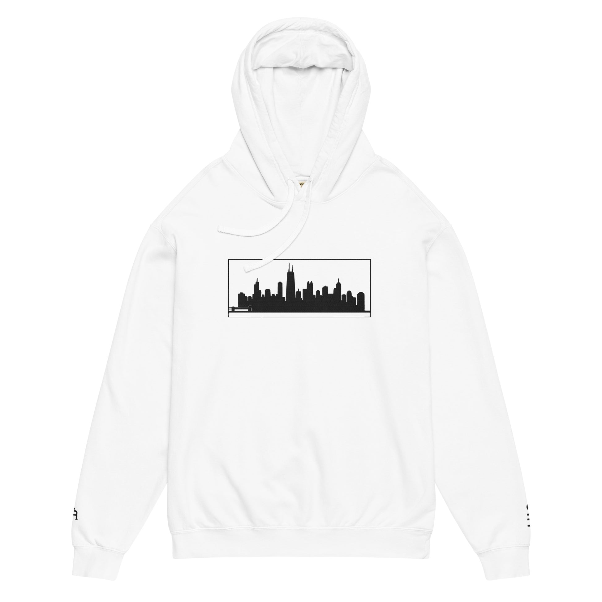 White color Chicago Edition lightweight garment-dyed hoodie featuring embroidered Chicago skyline and CHI wrist branding | Our City | An Athlete Trains