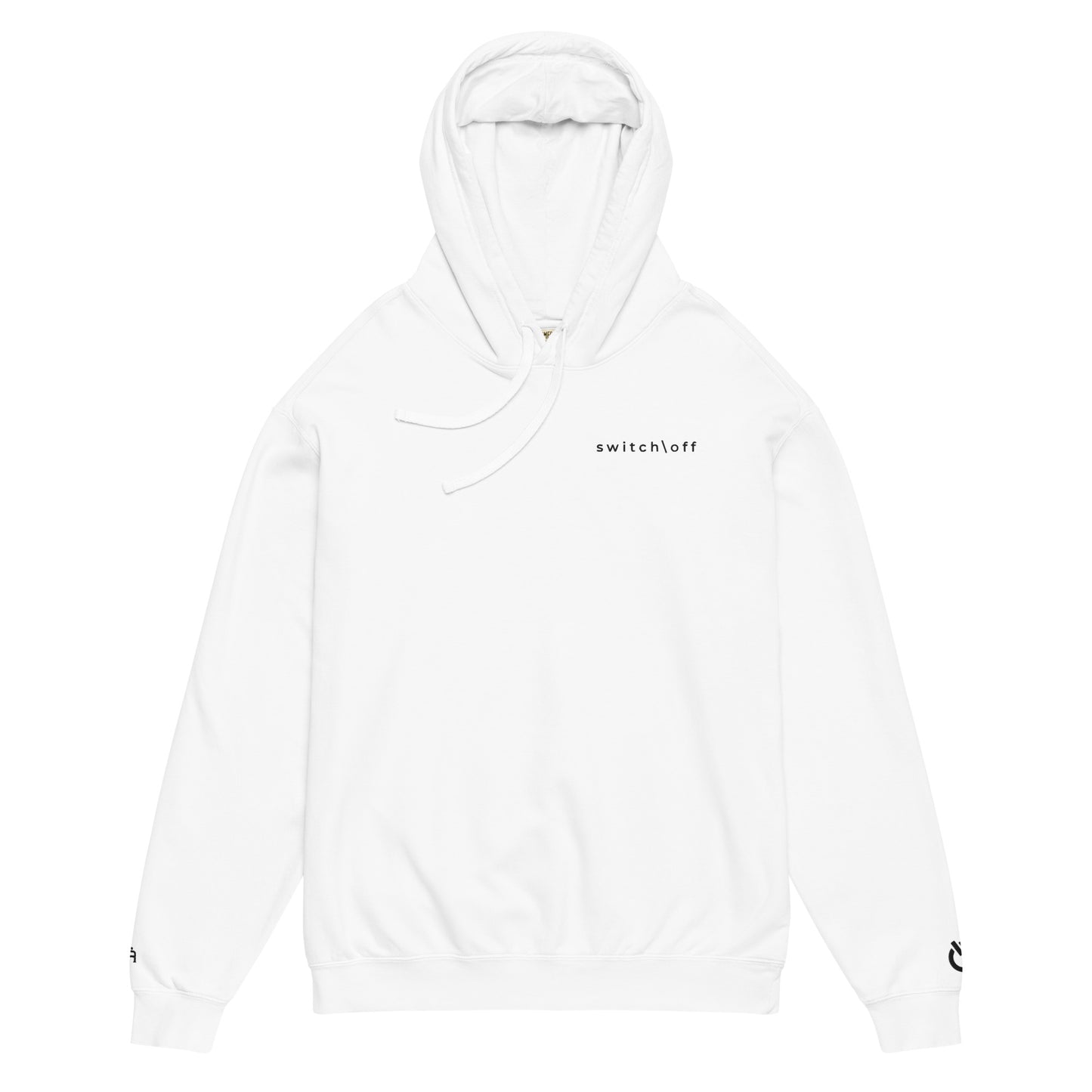 Vintage-style lightweight fleece hoodie in white with black switch\off embroidery - An Athlete Trains. Flat drawstrings. Front view