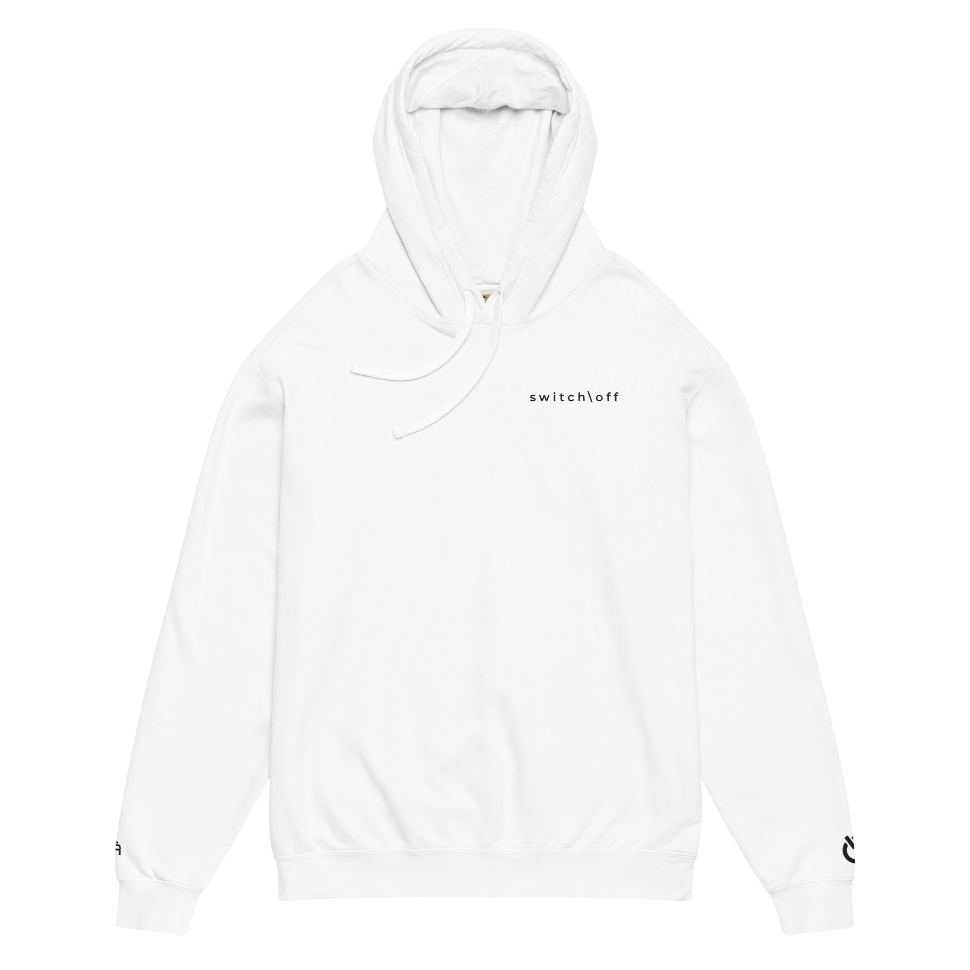 Vintage-style lightweight fleece hoodie in white with black switch\off embroidery - An Athlete Trains. Flat drawstrings. Front view