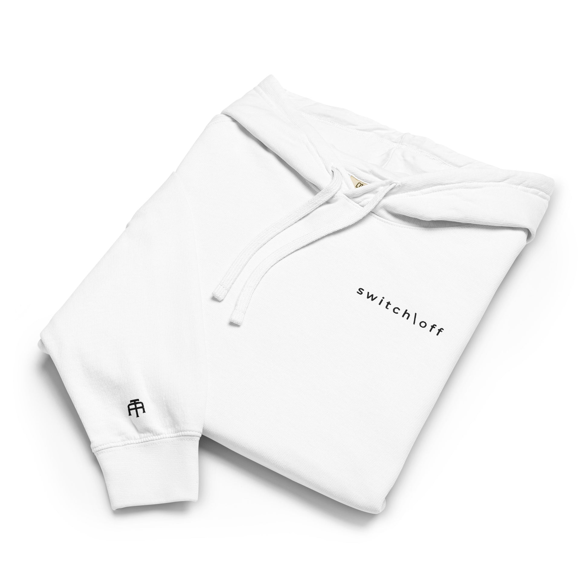 Vintage-style lightweight fleece hoodie in white with black switch\off embroidery - An Athlete Trains. Flat drawstrings. Front view