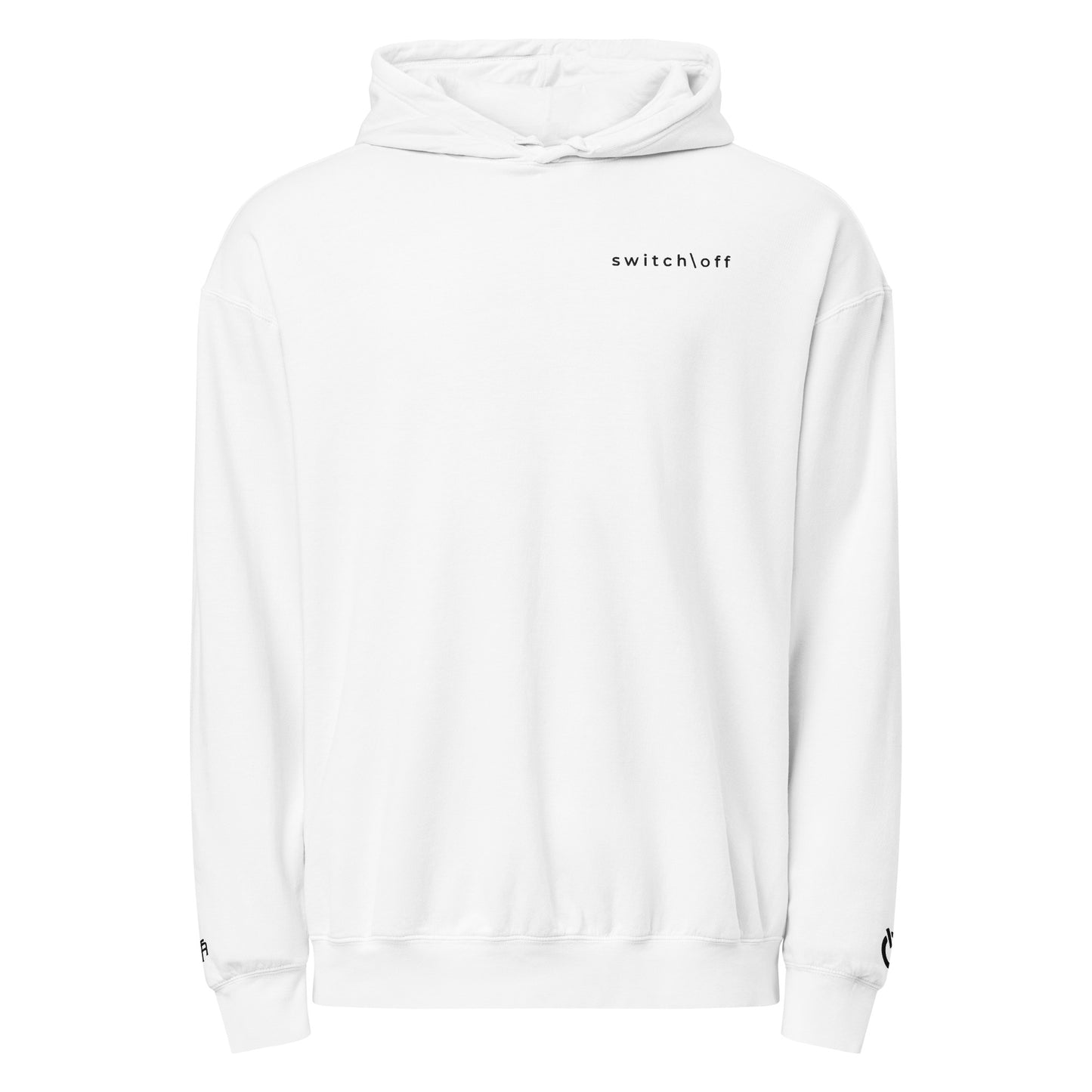 Vintage-style lightweight fleece hoodie in white with black switch\off embroidery - An Athlete Trains. Front view