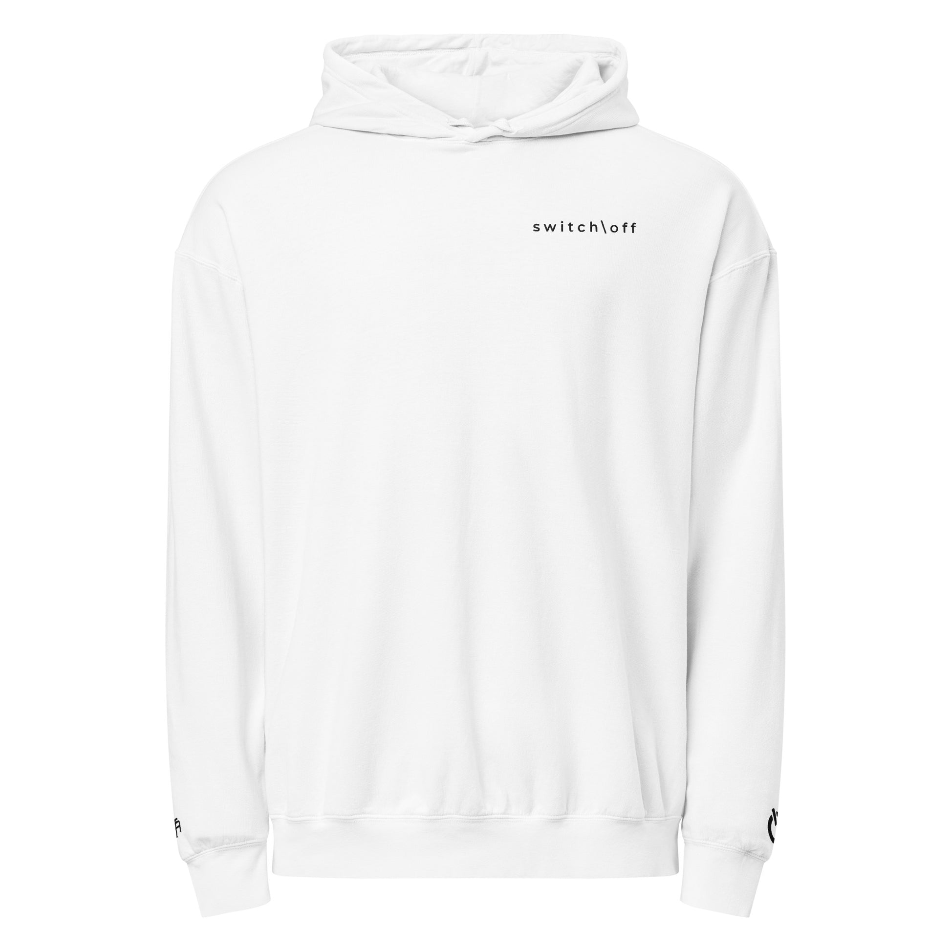 Vintage-style lightweight fleece hoodie in white with black switch\off embroidery - An Athlete Trains. Front view