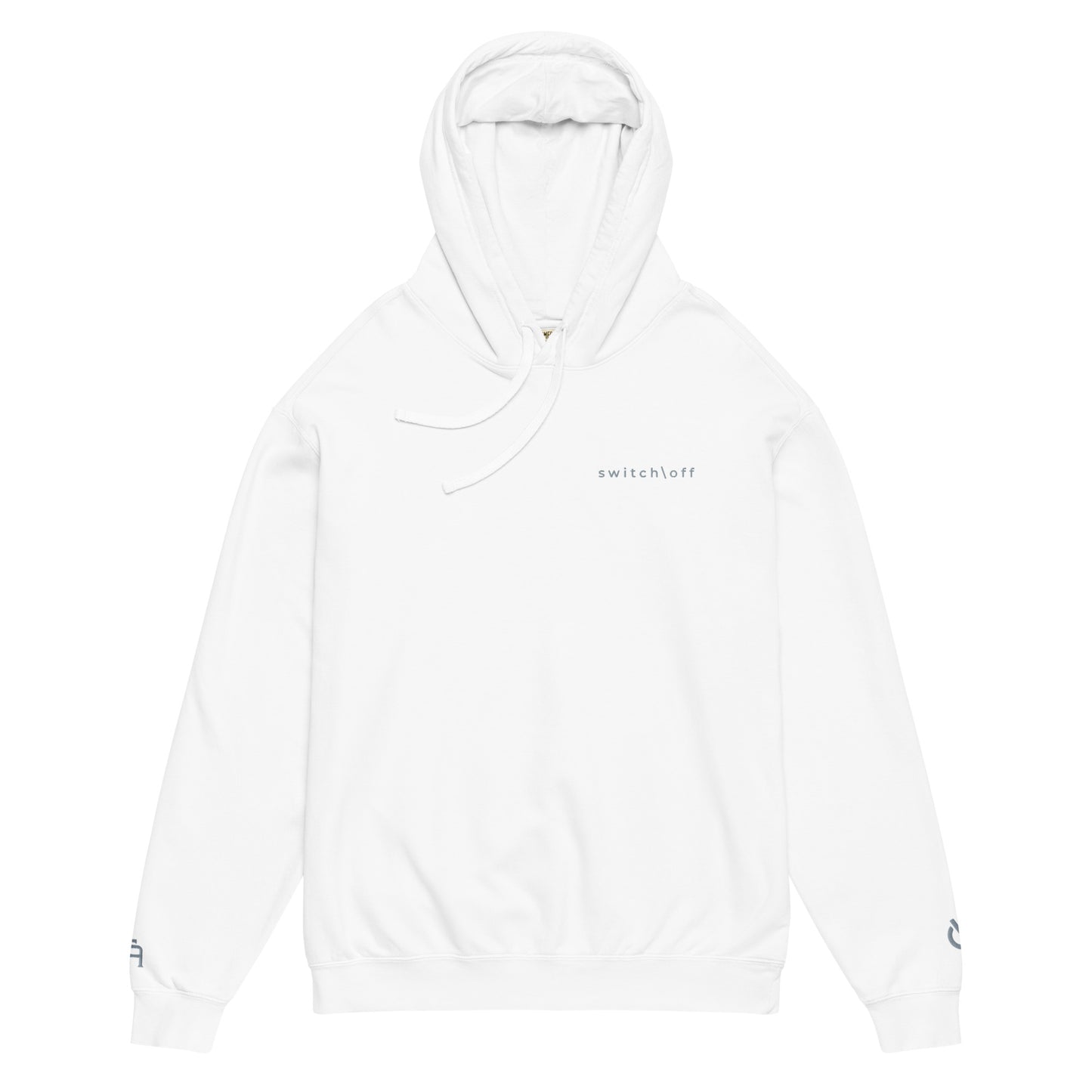 Vintage-style lightweight fleece hoodie in white with gray switch\off embroidery - An Athlete Trains. Flat drawstrings. Front view