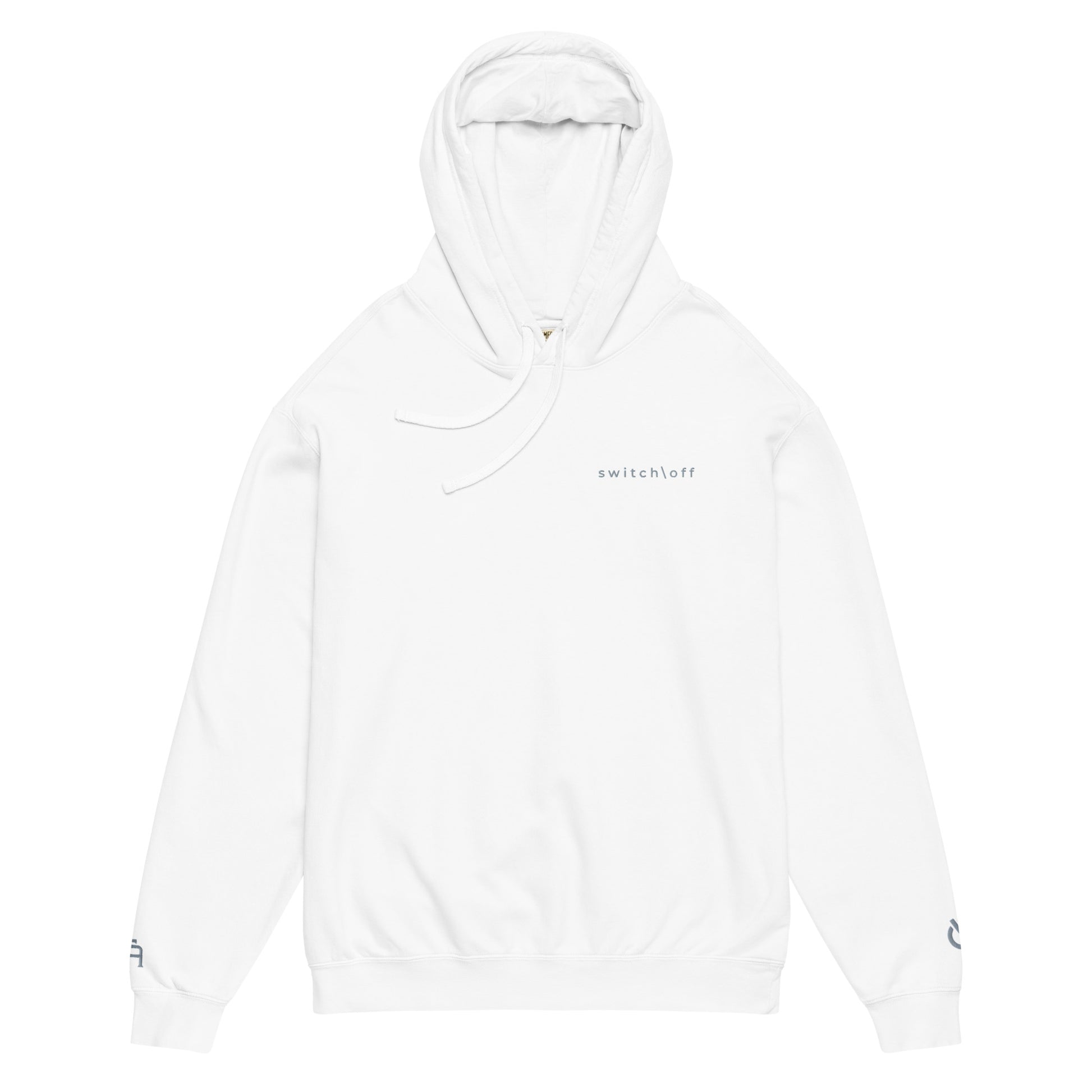 Vintage-style lightweight fleece hoodie in white with gray switch\off embroidery - An Athlete Trains. Flat drawstrings. Front view