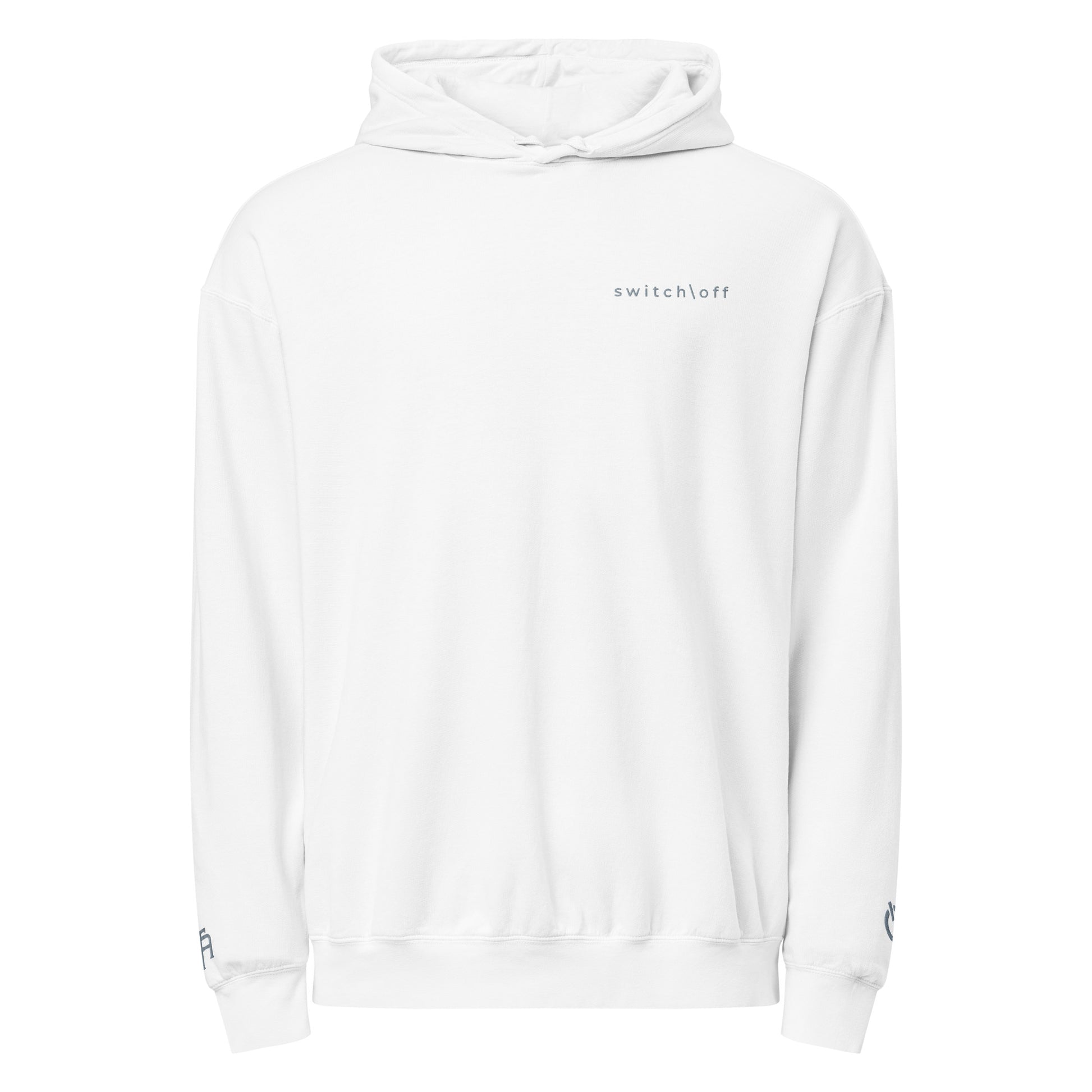 Vintage-style lightweight fleece hoodie in white with gray switch\off embroidery - An Athlete Trains. Flat drawstrings. Front view
