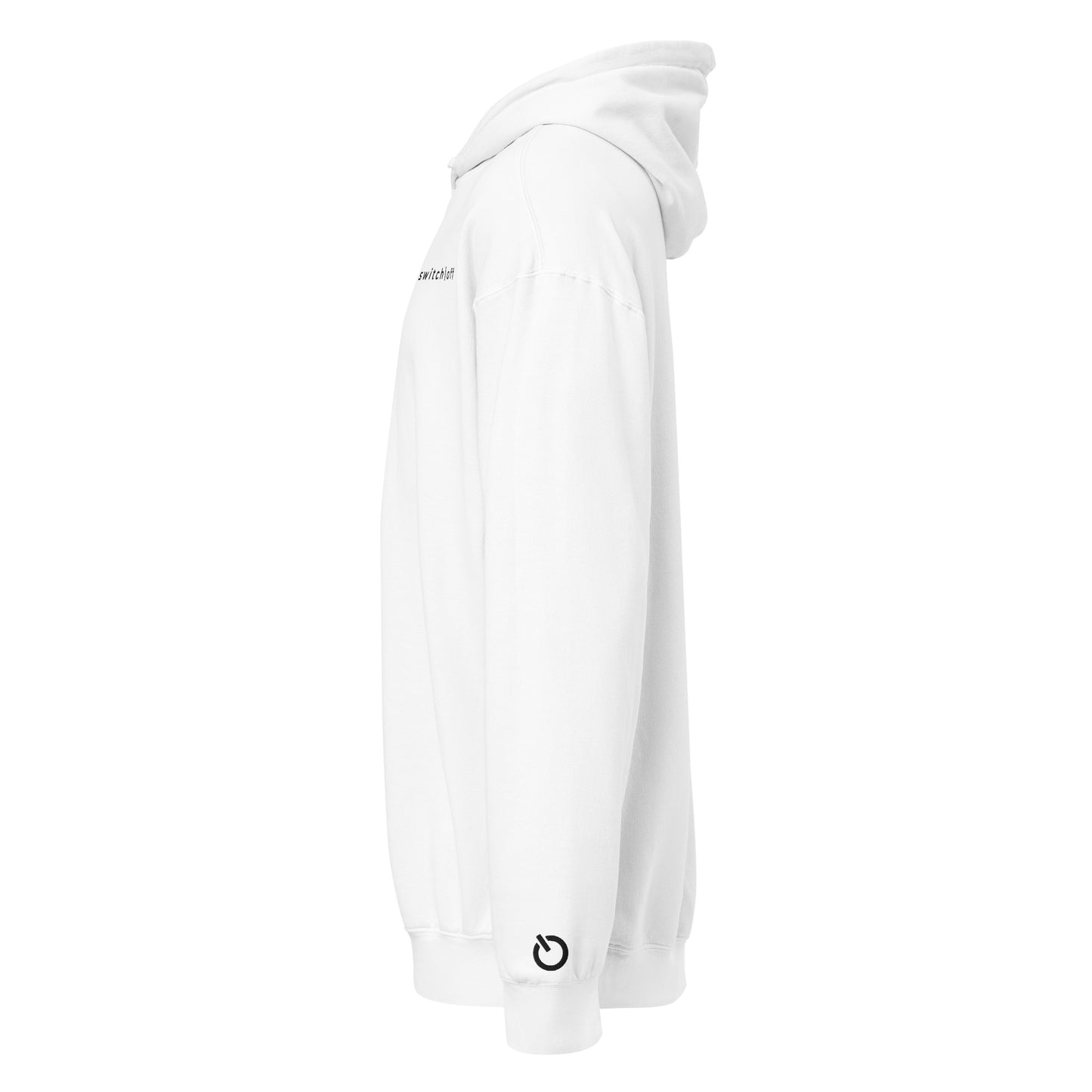 Vintage-style lightweight fleece hoodie in white with black switch\off and logo embroidery - An Athlete Trains. Left side view