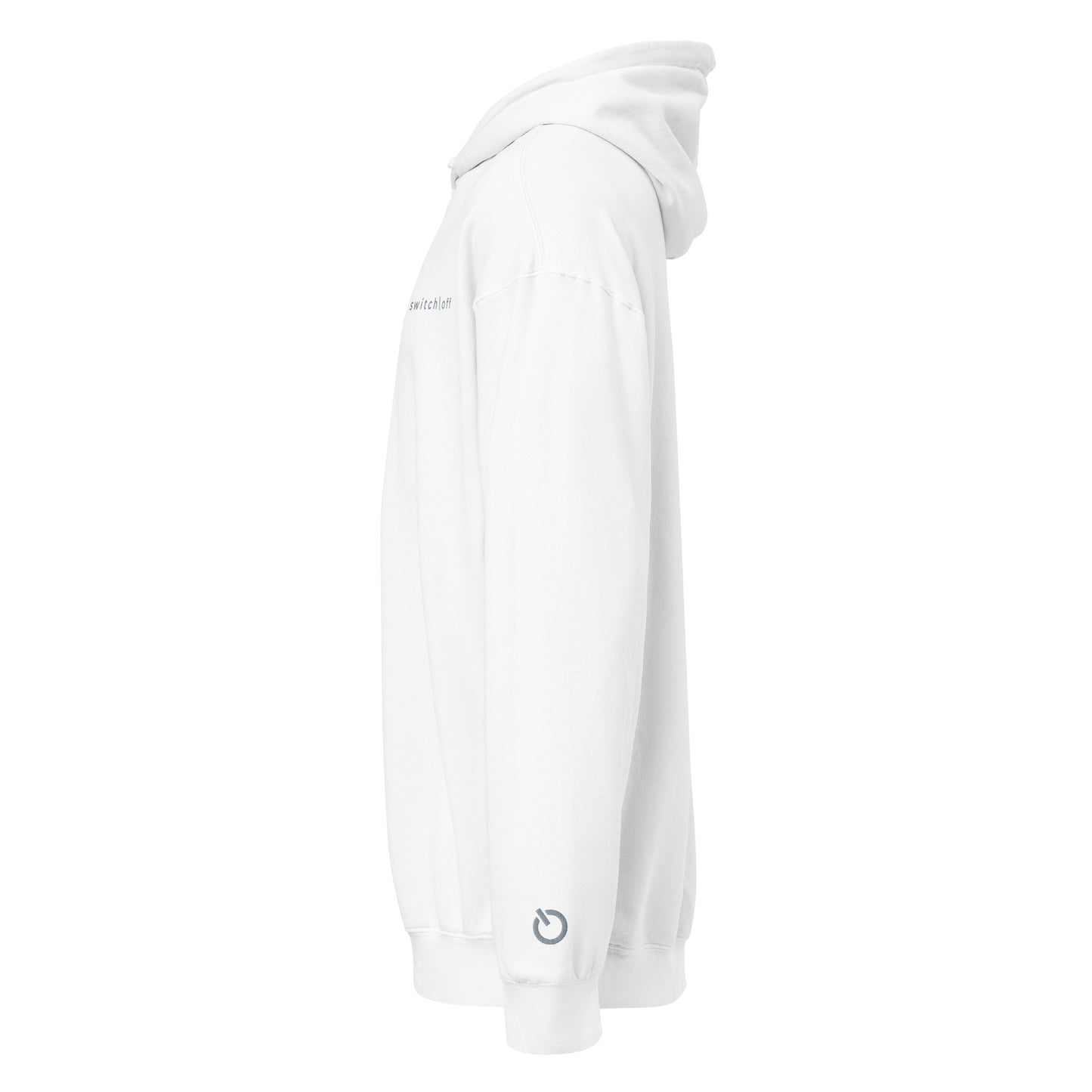 Vintage-style lightweight fleece hoodie in white with gray switch\off and logo embroidery - An Athlete Trains. Left side view