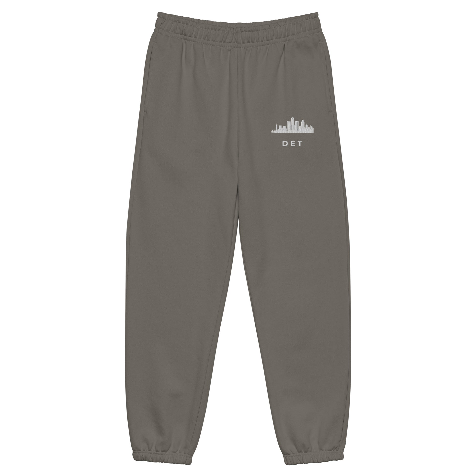 Detroit Edition heavyweight sweatpants in asphalt gray with a boxy 90s fit and embroidered Detroit detail—Motor City athletic gear by An Athlete Trains