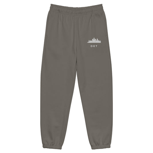 Detroit Edition heavyweight sweatpants in asphalt gray with a boxy 90s fit and embroidered Detroit detail—Motor City athletic gear by An Athlete Trains