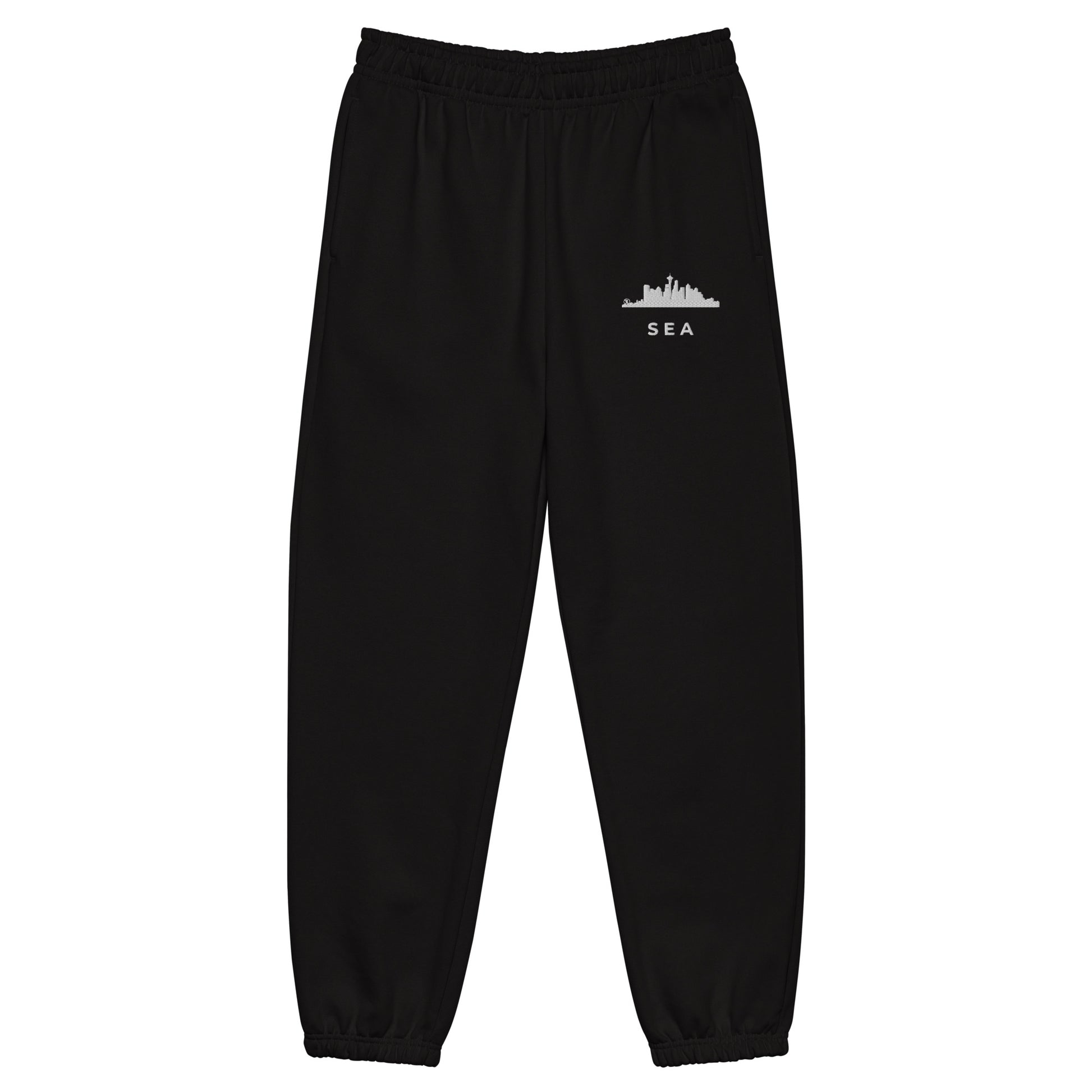 Seattle Edition heavyweight sweatpants in black with a boxy 90s fit and embroidered Seattle detail—An Athlete Trains