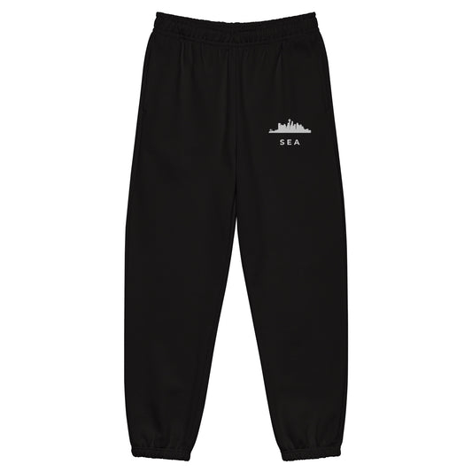 Seattle Edition heavyweight sweatpants in black with a boxy 90s fit and embroidered Seattle detail—An Athlete Trains