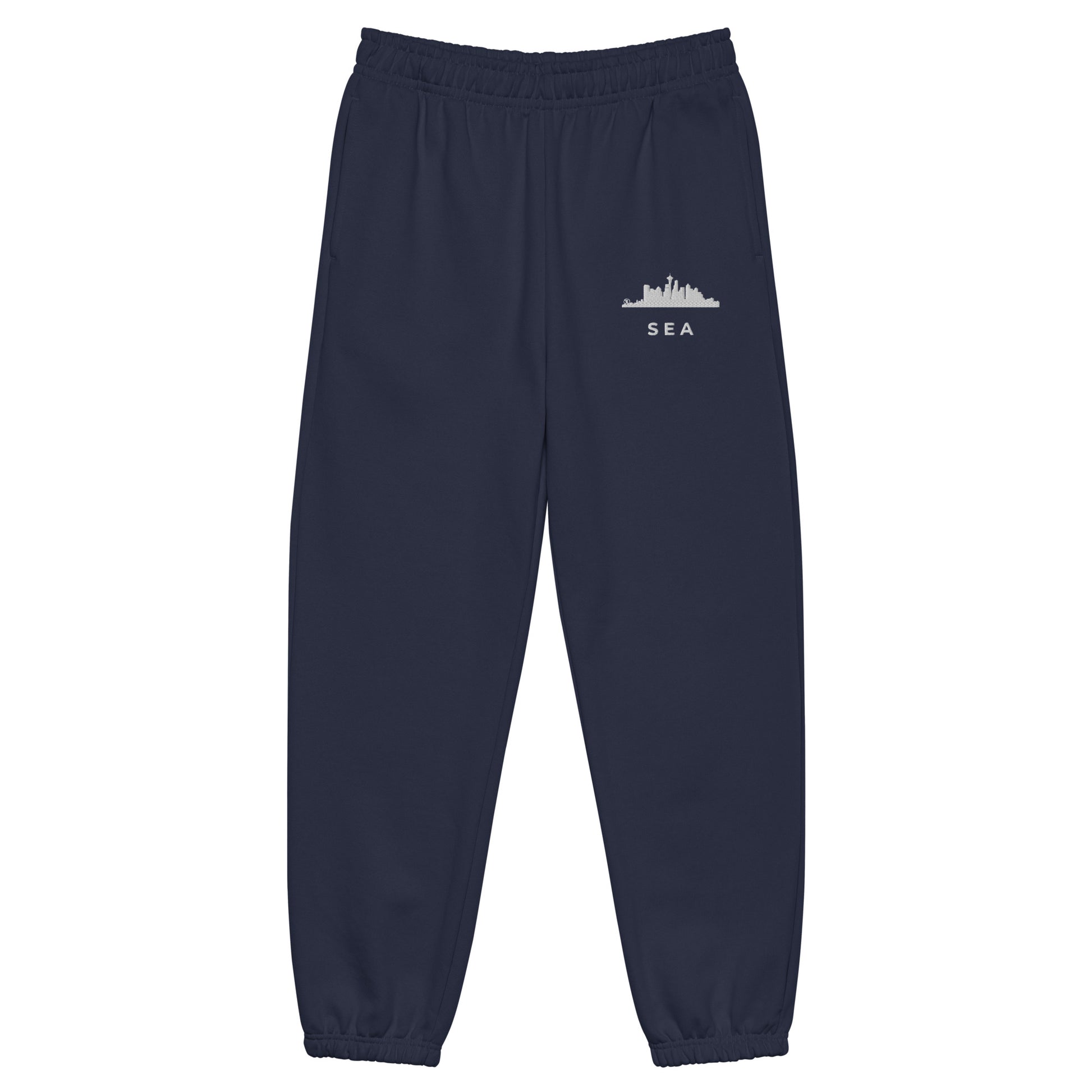 Seattle Edition heavyweight sweatpants in navy with a boxy 90s fit and embroidered Seattle detail—An Athlete Trains