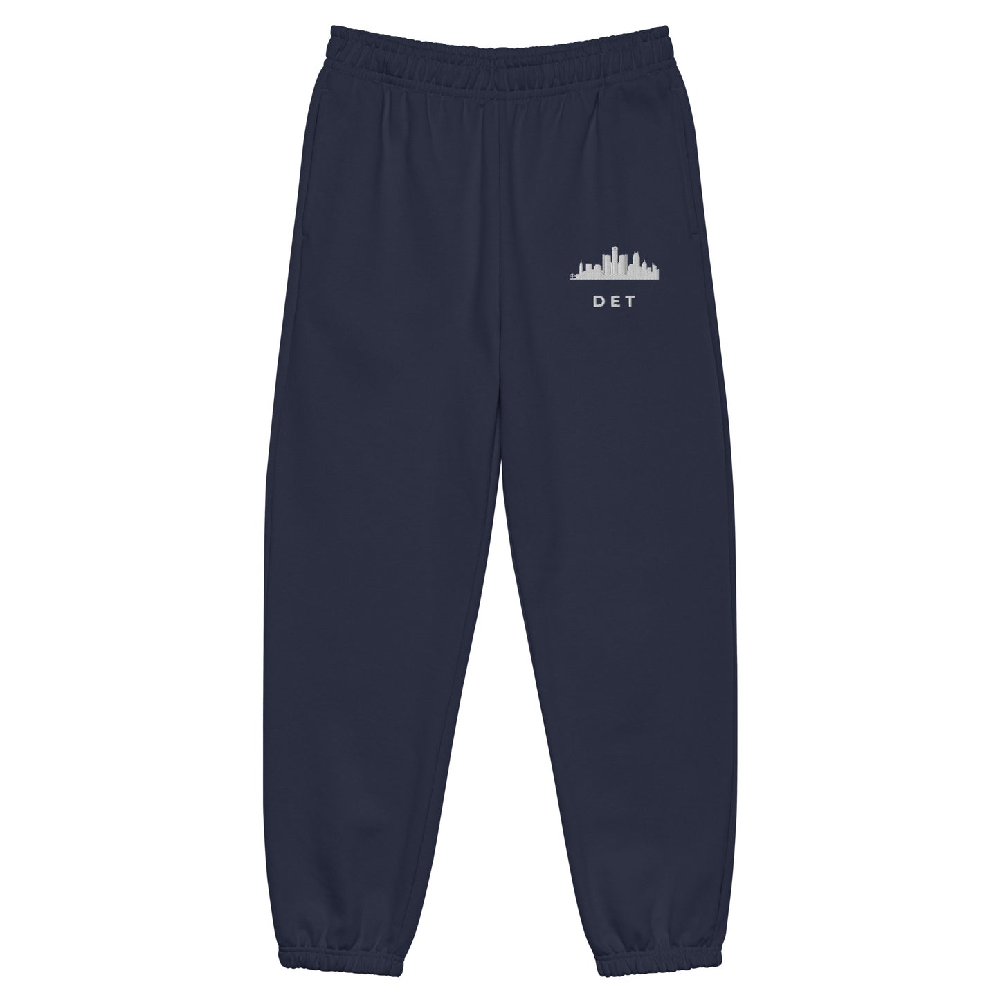 Detroit Edition heavyweight sweatpants in navy with a boxy 90s fit and embroidered Detroit detail—Motor City athletic gear by An Athlete Trains