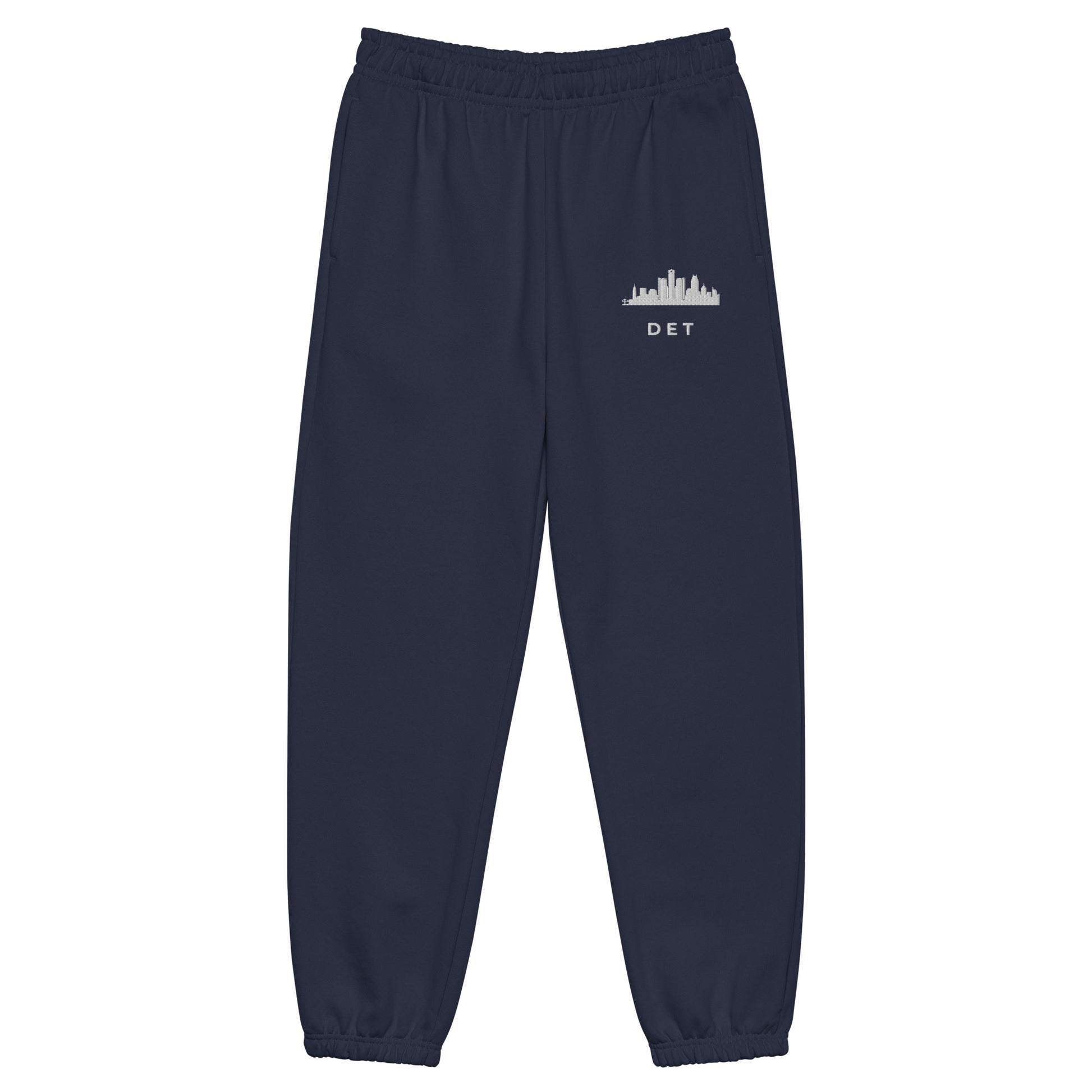 Detroit Edition heavyweight sweatpants in navy with a boxy 90s fit and embroidered Detroit detail—Motor City athletic gear by An Athlete Trains
