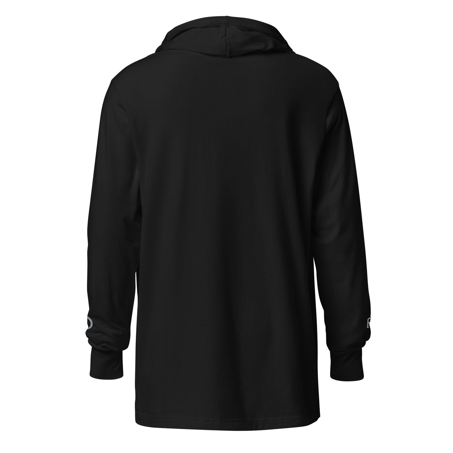 Lightweight Hooded Long sleeve cotton shirt in black with gray embroidery - An Athlete Trains. Back view