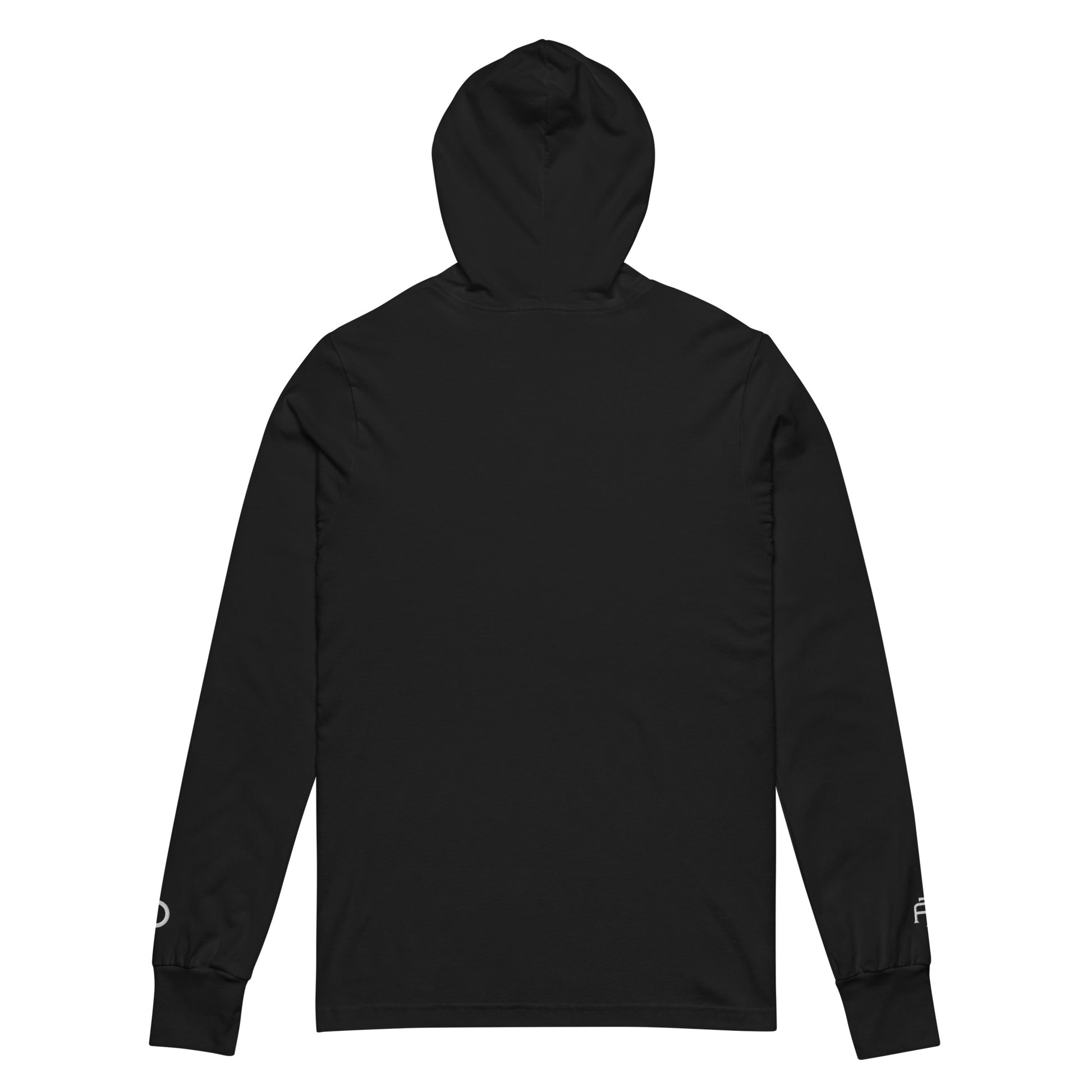 Lightweight Hooded Long sleeve cotton shirt in black with white embroidery - An Athlete Trains. Back view