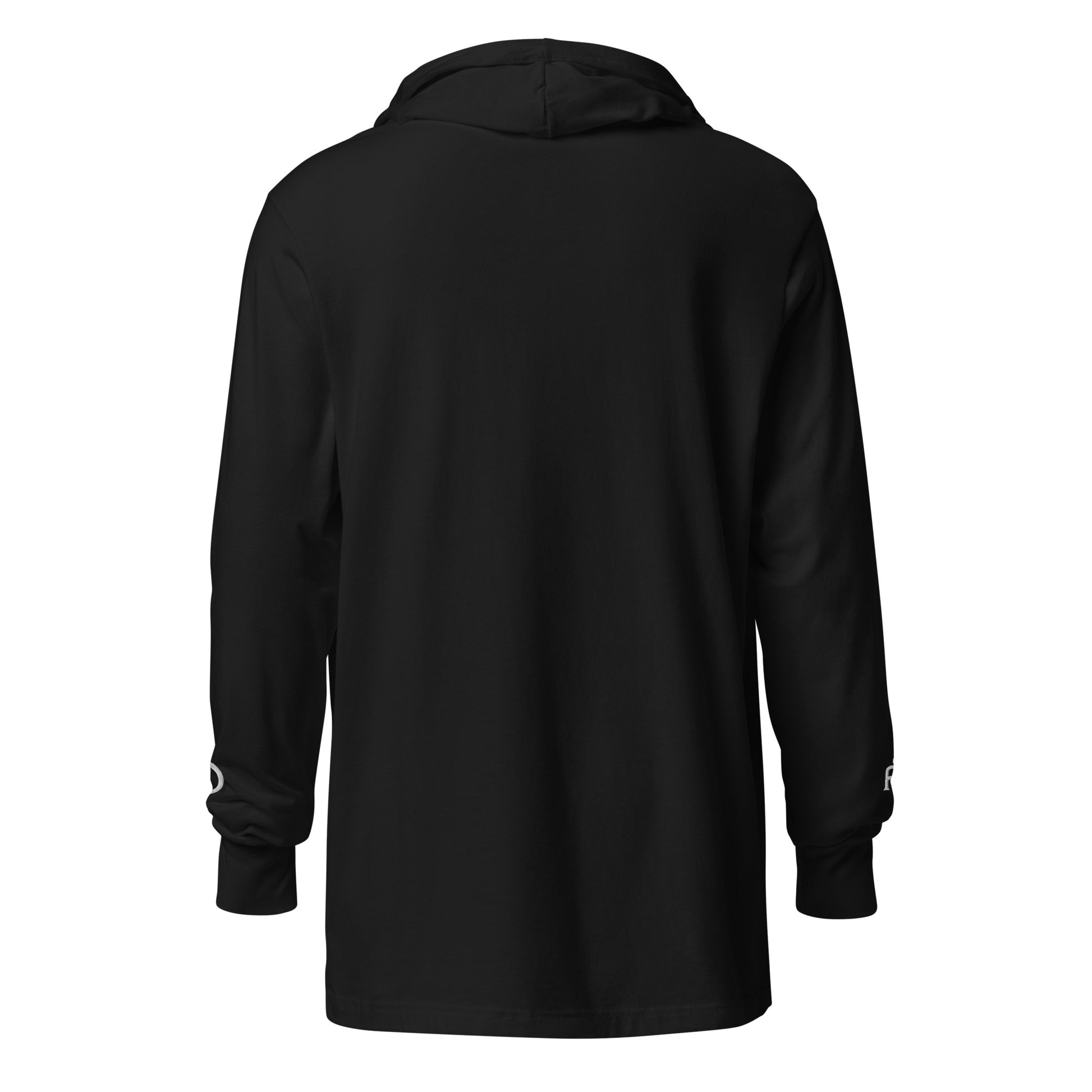 Lightweight Hooded Long sleeve cotton shirt in black with white embroidery - An Athlete Trains. Back view