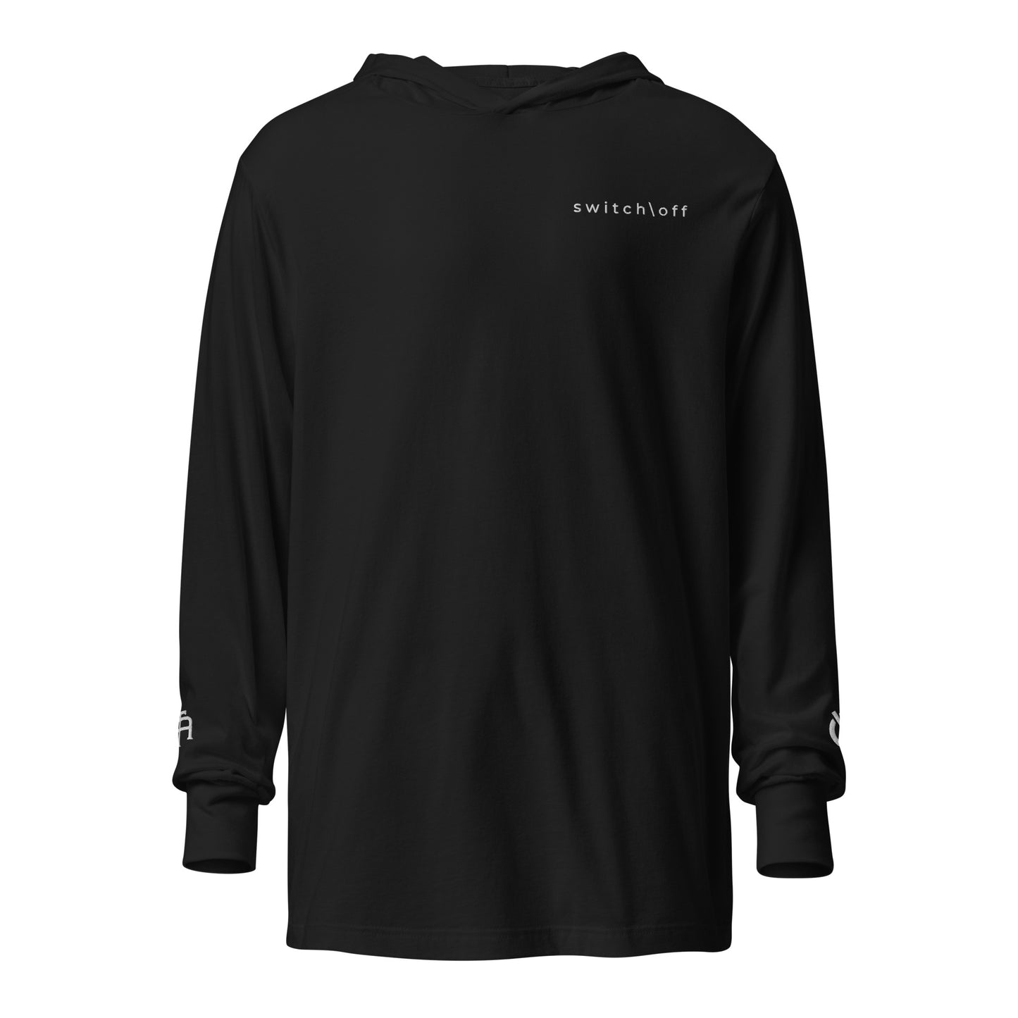 Lightweight Hooded Long sleeve cotton shirt in black with white switch\off embroidery - An Athlete Trains. Front view