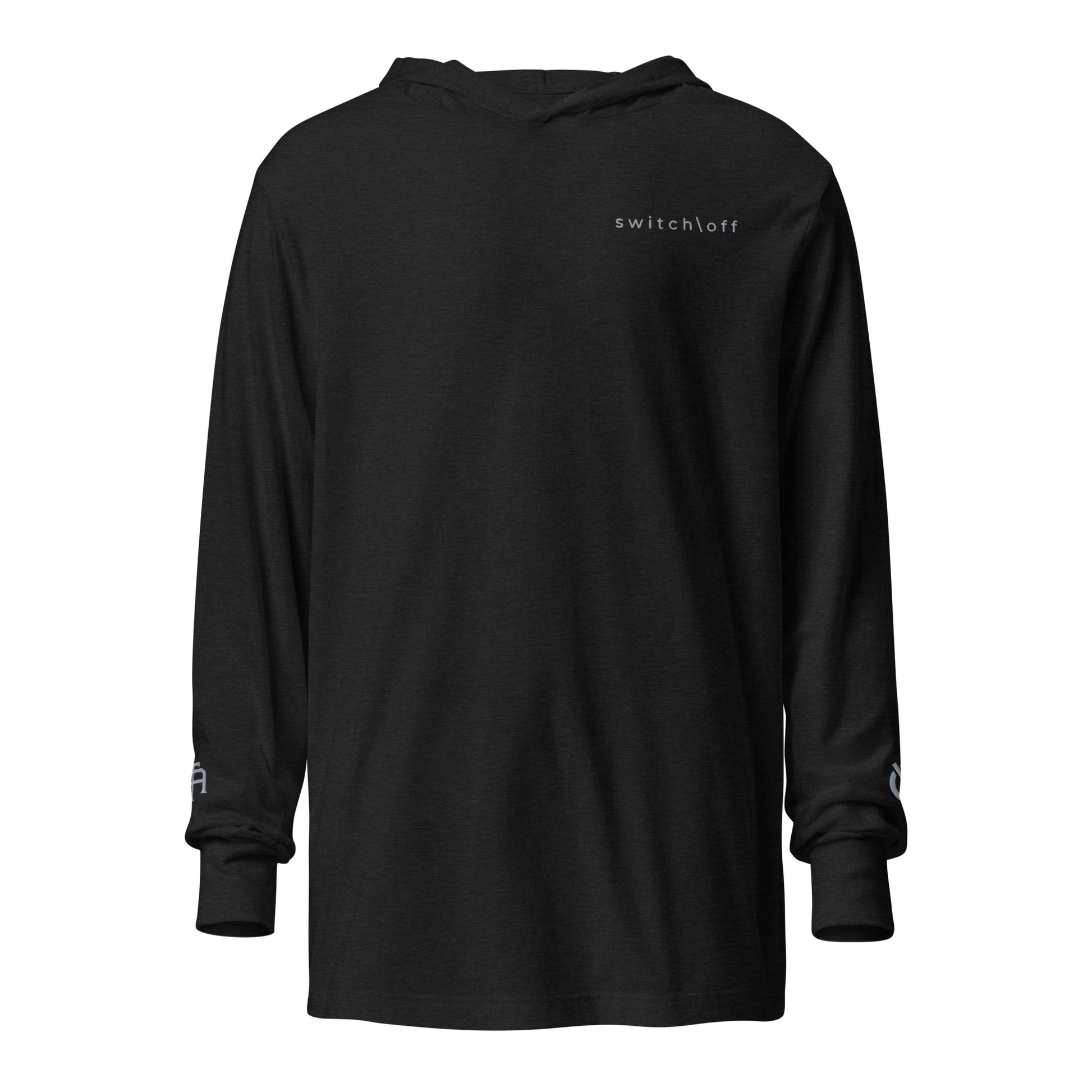 Lightweight Hooded Long sleeve cotton shirt in charcoal with gray switch\off embroidery - An Athlete Trains. Front view