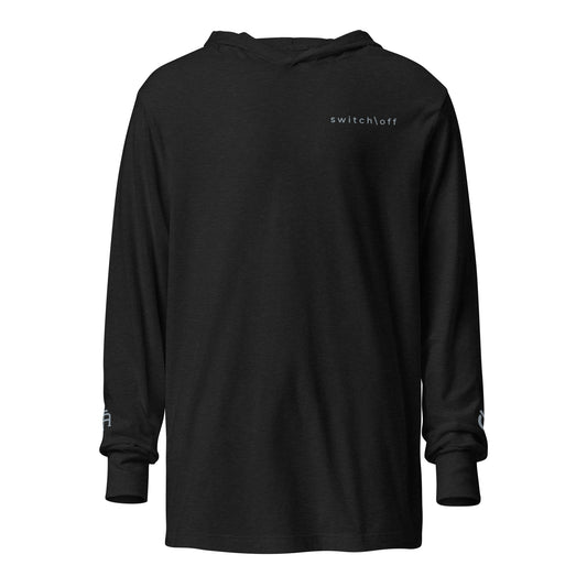 Lightweight Hooded Long sleeve cotton shirt in charcoal with gray switch\off embroidery - An Athlete Trains. Front view
