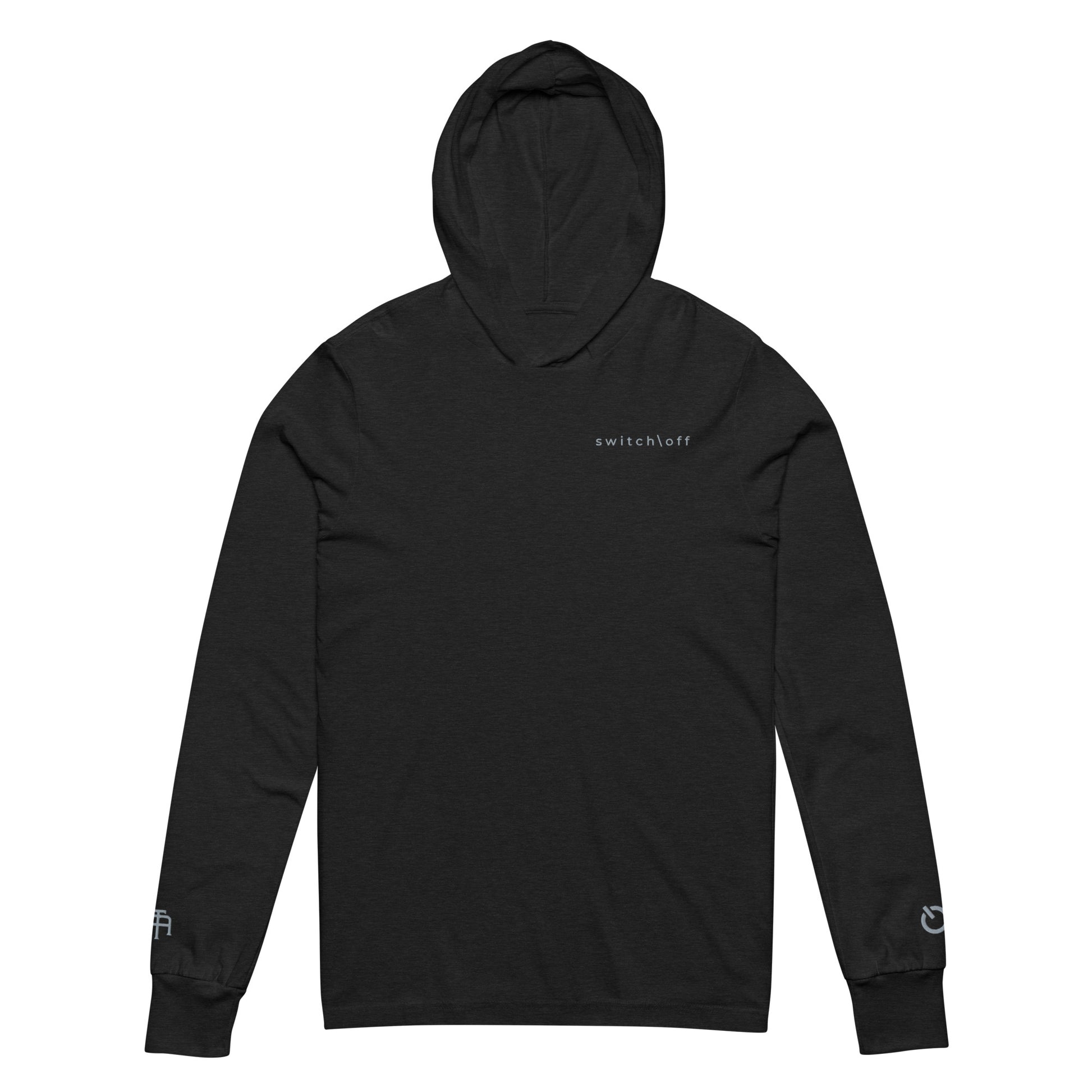 Lightweight Hooded Long sleeve cotton shirt in charcoal with gray switch\off embroidery - An Athlete Trains. Front view