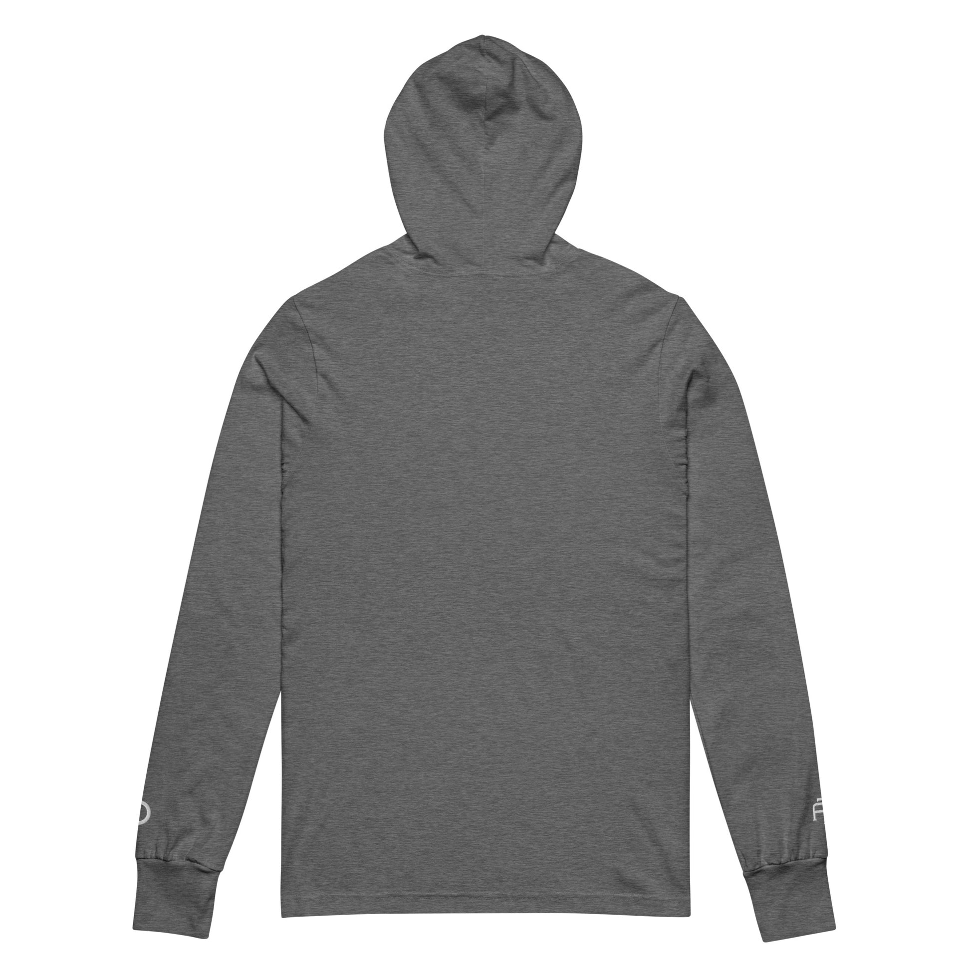 Lightweight Hooded Long sleeve cotton shirt in gray heather with white embroidery - An Athlete Trains. Back view