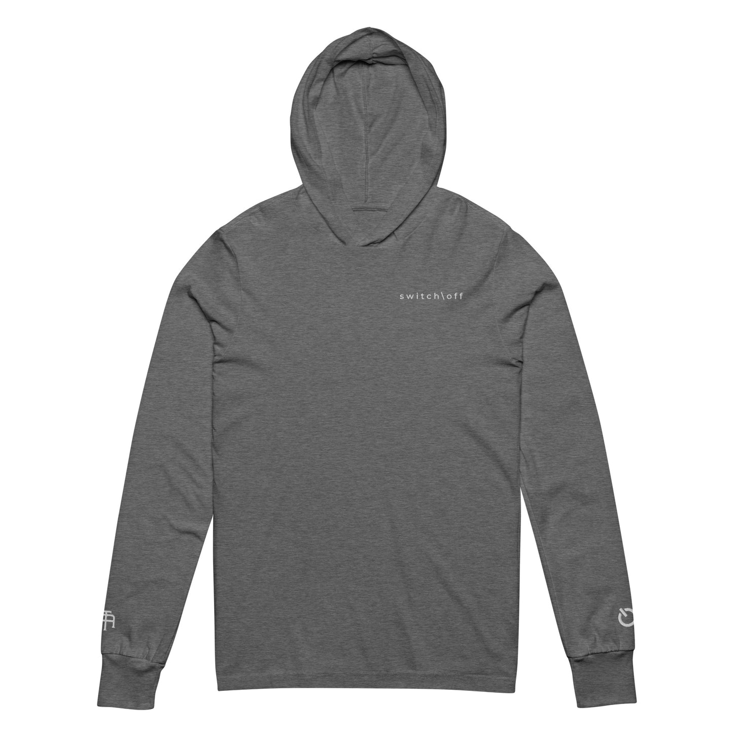 Lightweight Hooded Long sleeve cotton shirt in gray with white switch\off embroidery - An Athlete Trains. Front view