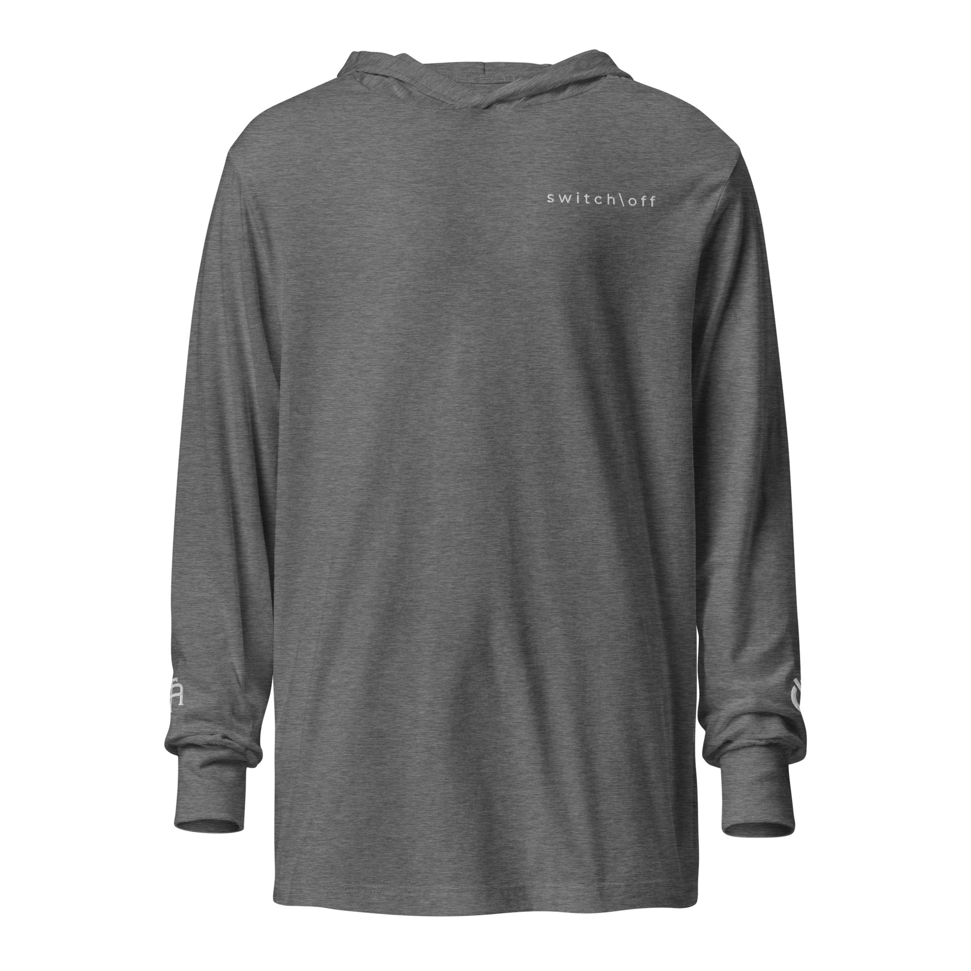 Lightweight Hooded Long sleeve cotton shirt in gray with white switch\off embroidery - An Athlete Trains. Front view