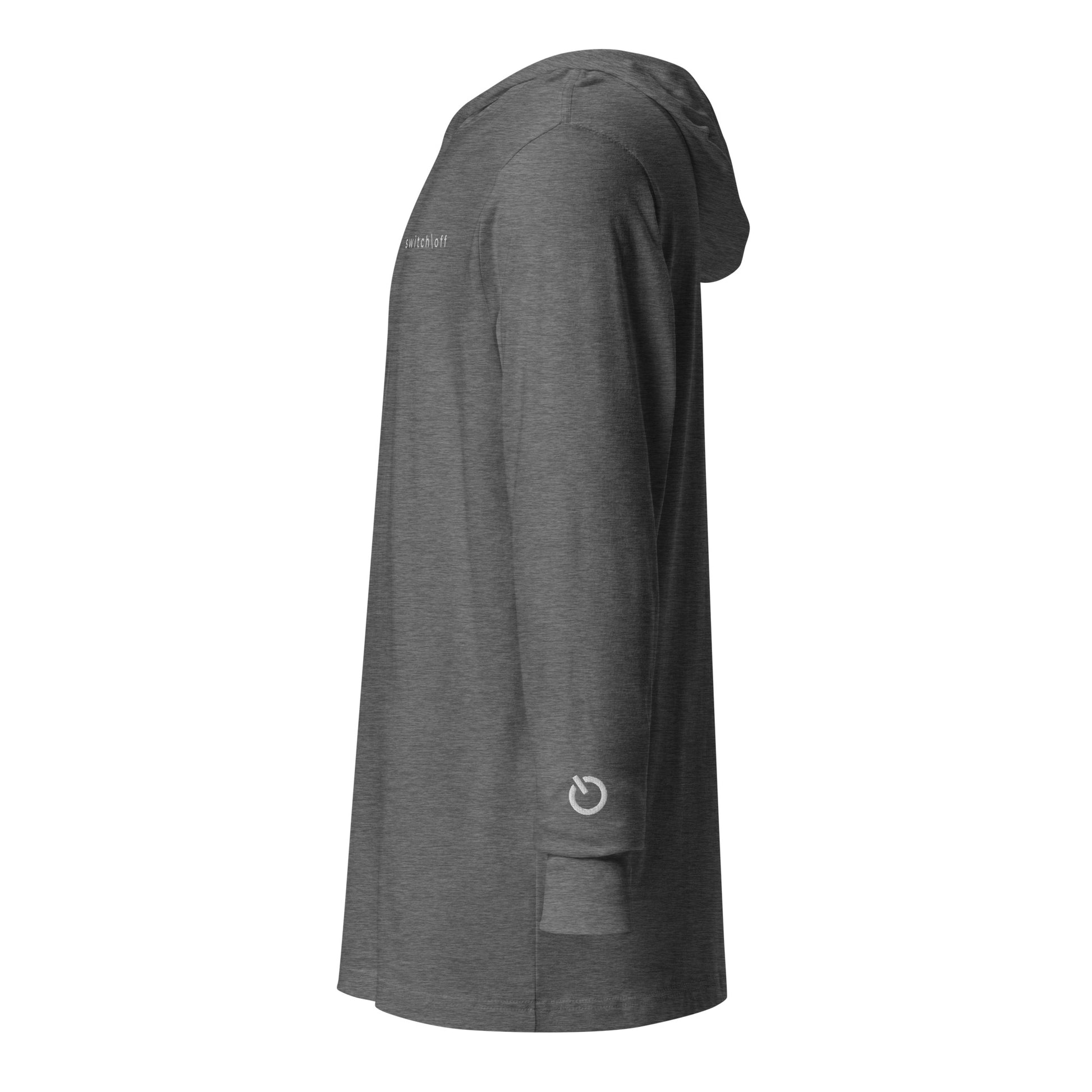 Lightweight Hooded Long sleeve cotton shirt in gray with white embroidery - An Athlete Trains. Side view
