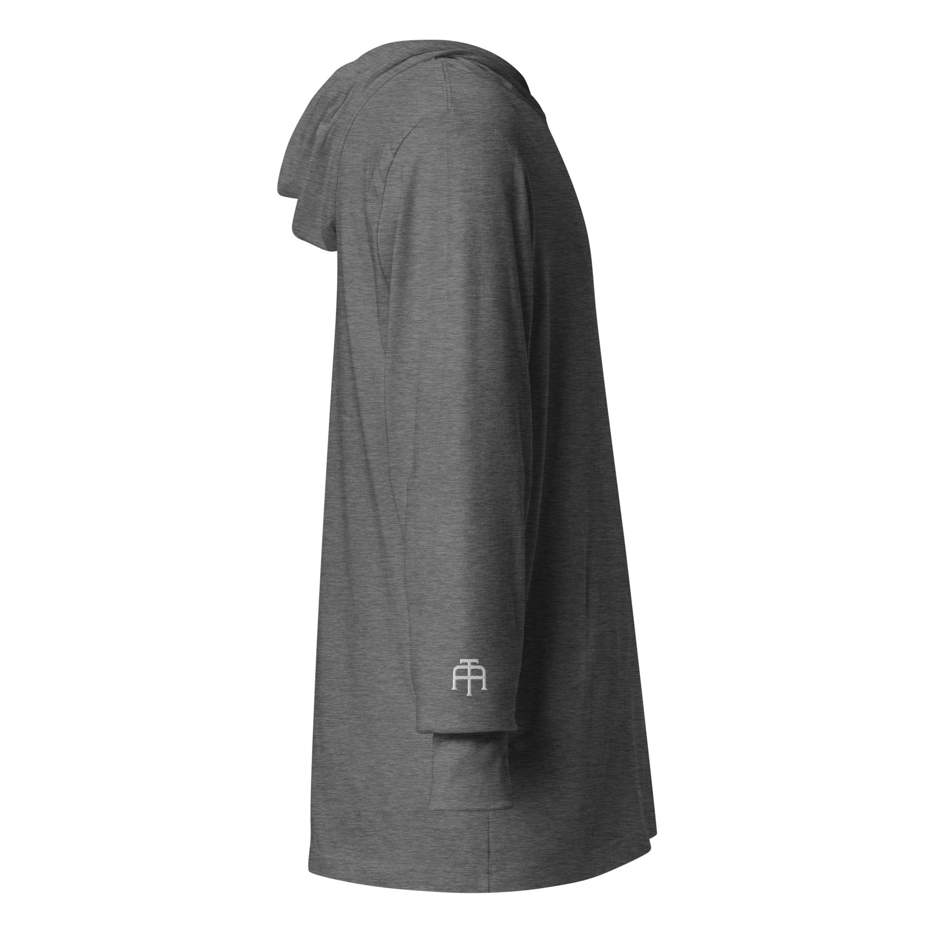 Lightweight Hooded Long sleeve cotton shirt in gray with white embroidery - An Athlete Trains. Side view