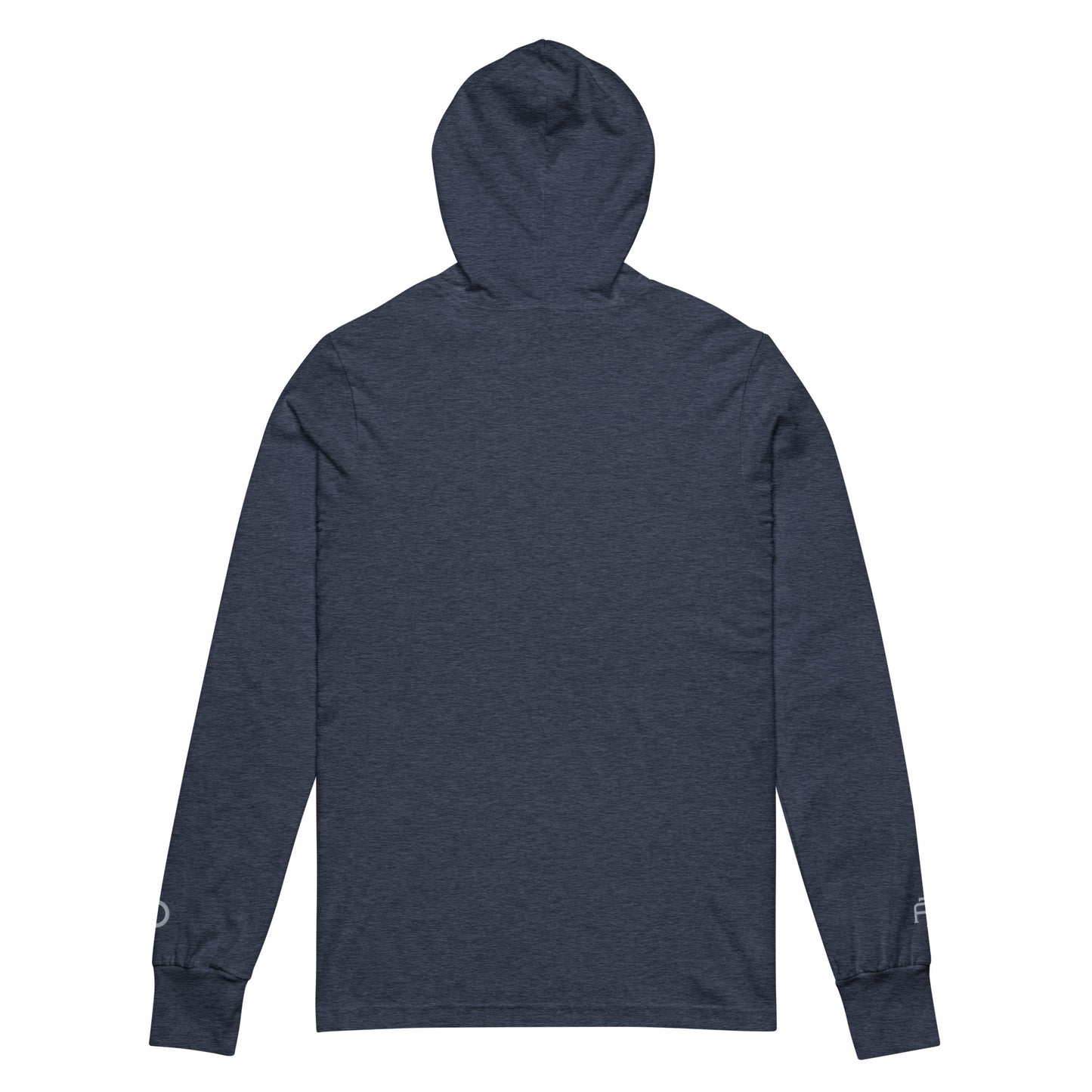 Lightweight Hooded Long sleeve cotton shirt in navy heather with gray embroidery - An Athlete Trains. Back view