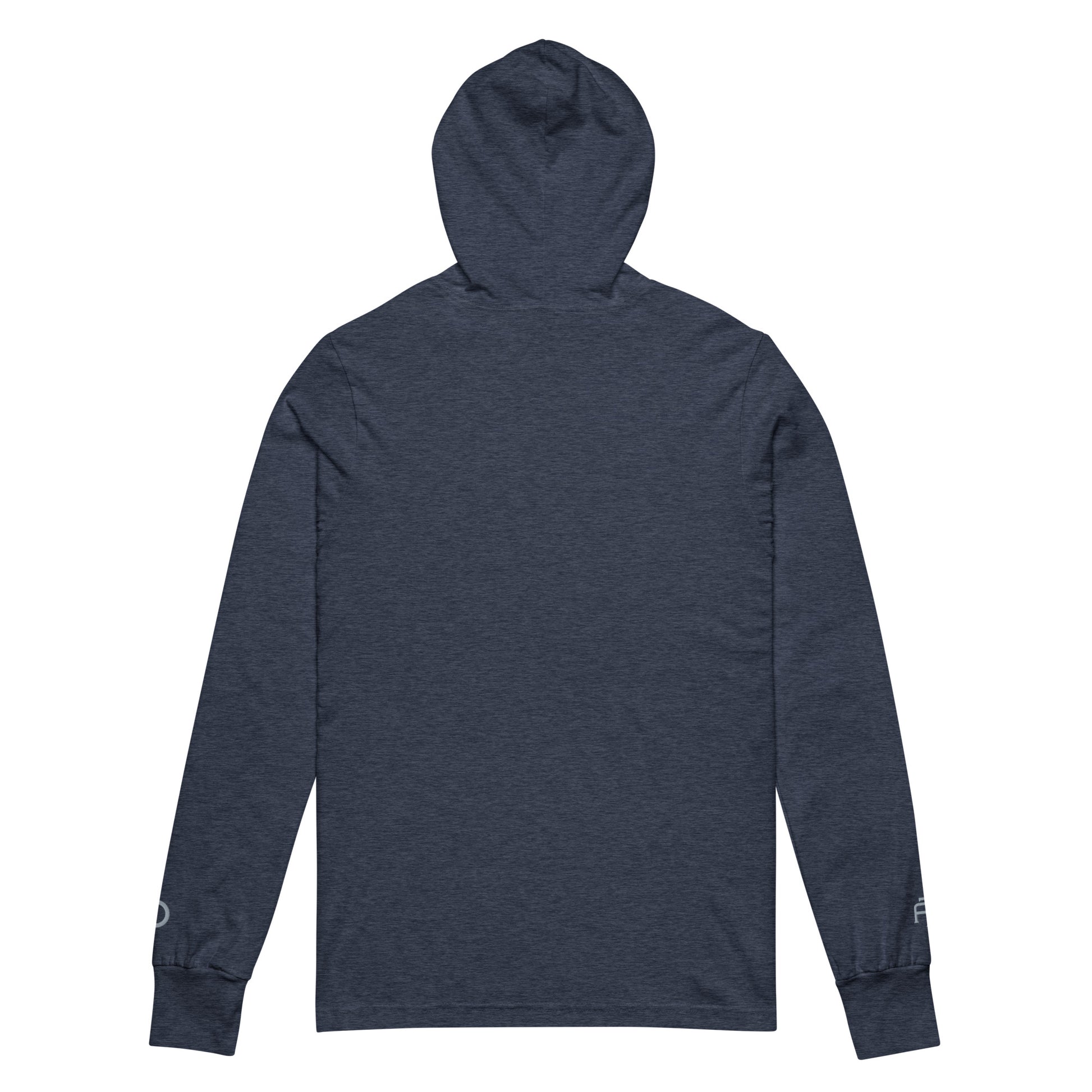 Lightweight Hooded Long sleeve cotton shirt in navy heather with gray embroidery - An Athlete Trains. Back view