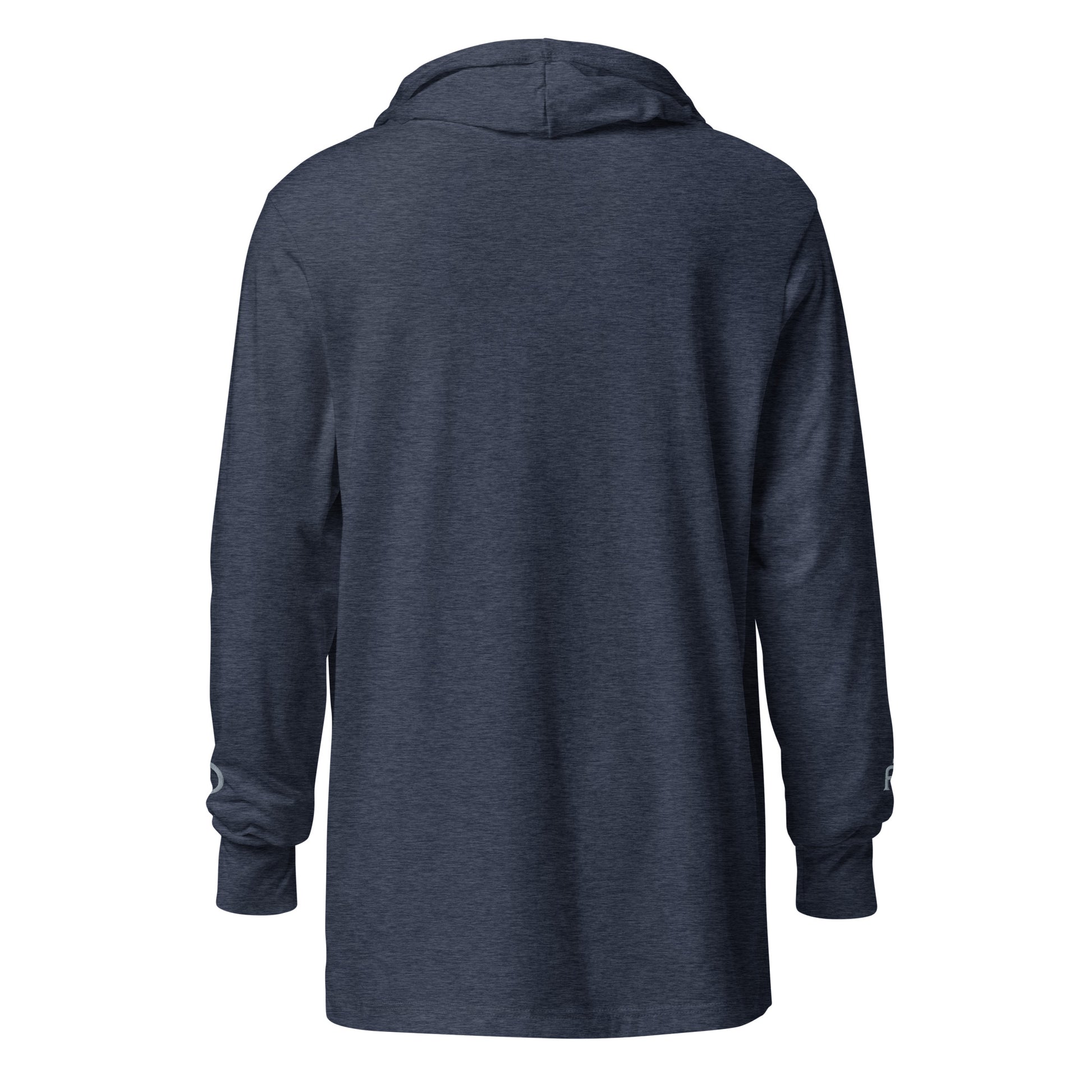 Lightweight Hooded Long sleeve cotton shirt in navy heather with gray embroidery - An Athlete Trains. Back view