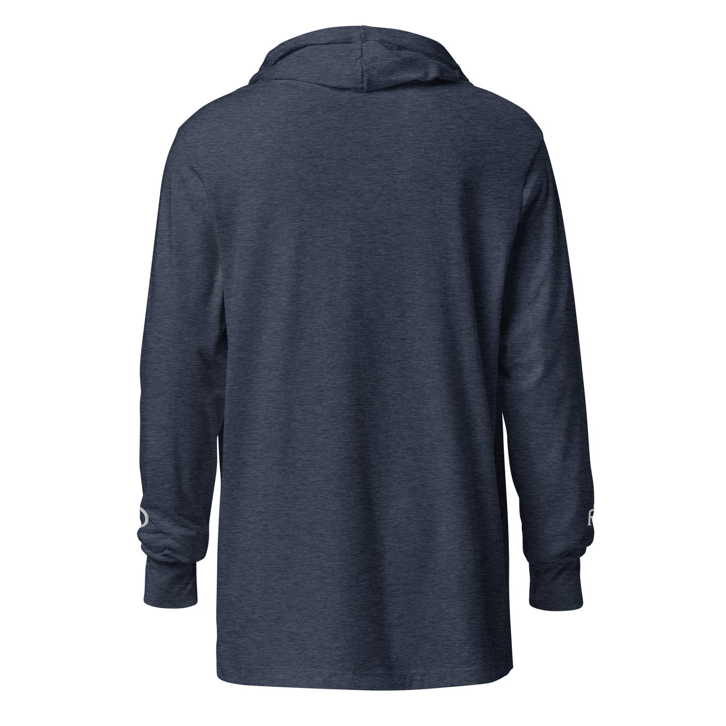 Lightweight Hooded Long sleeve cotton shirt in navy heather with white embroidery - An Athlete Trains. Back view