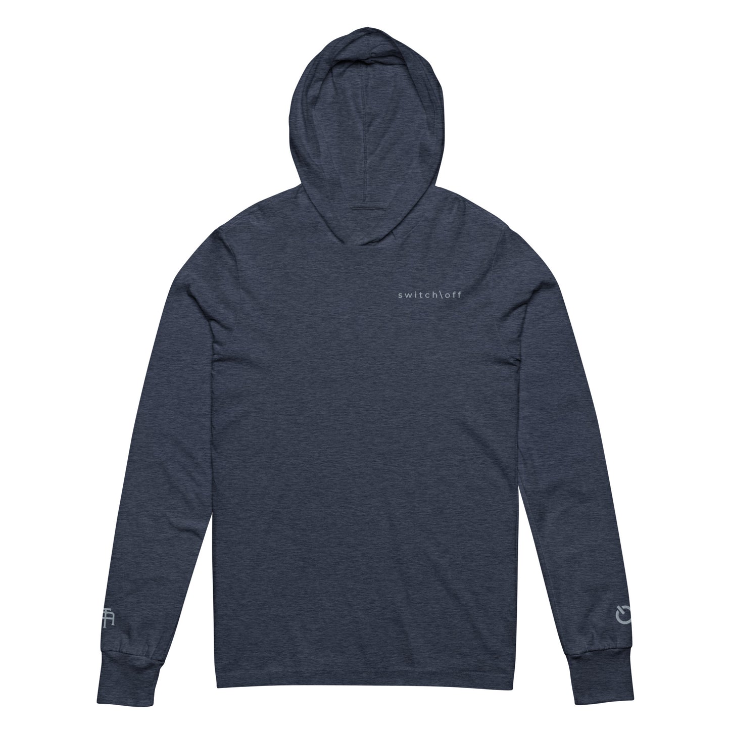 Lightweight Hooded Long sleeve cotton shirt in navy heather with gray switch\off embroidery - An Athlete Trains. Front view