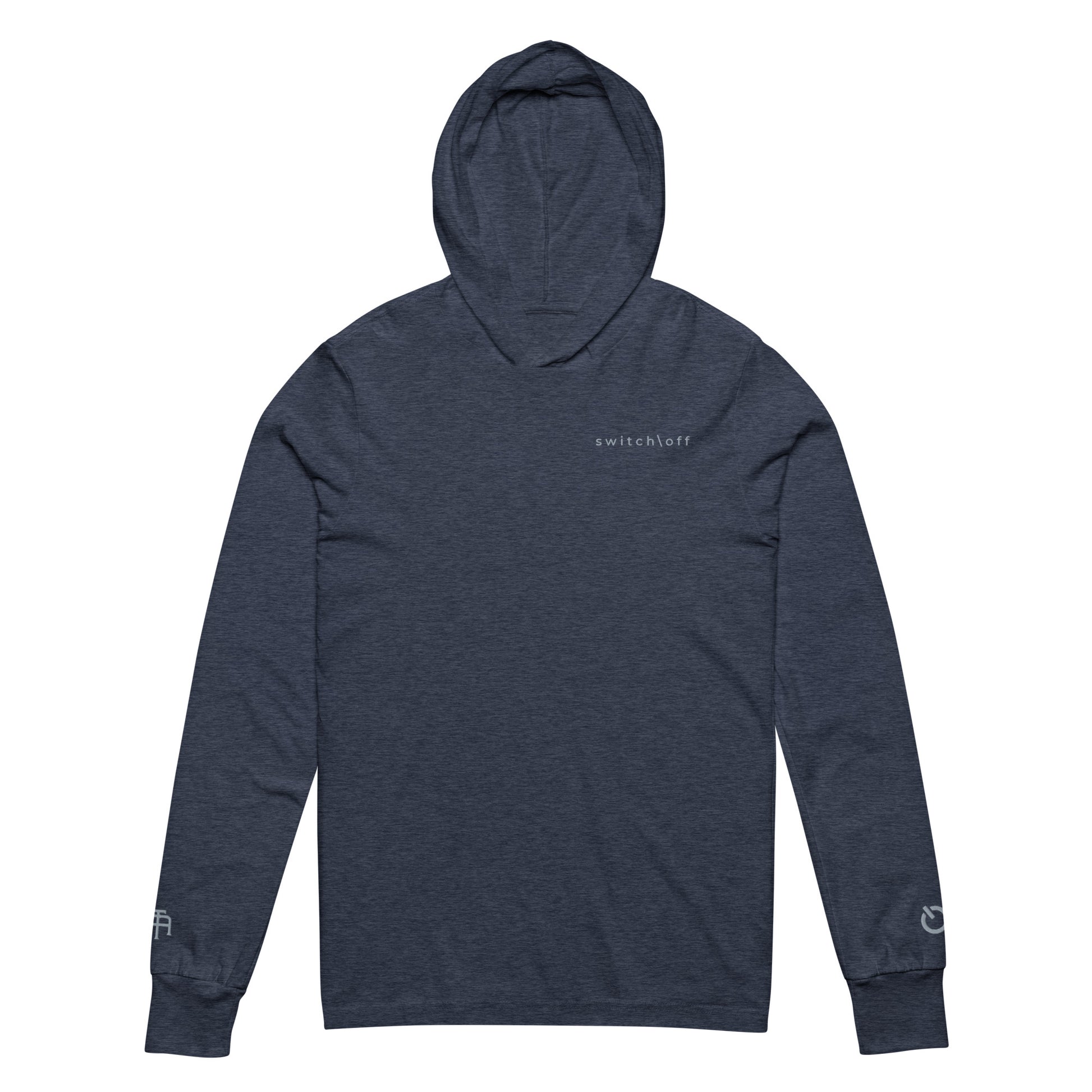 Lightweight Hooded Long sleeve cotton shirt in navy heather with gray switch\off embroidery - An Athlete Trains. Front view