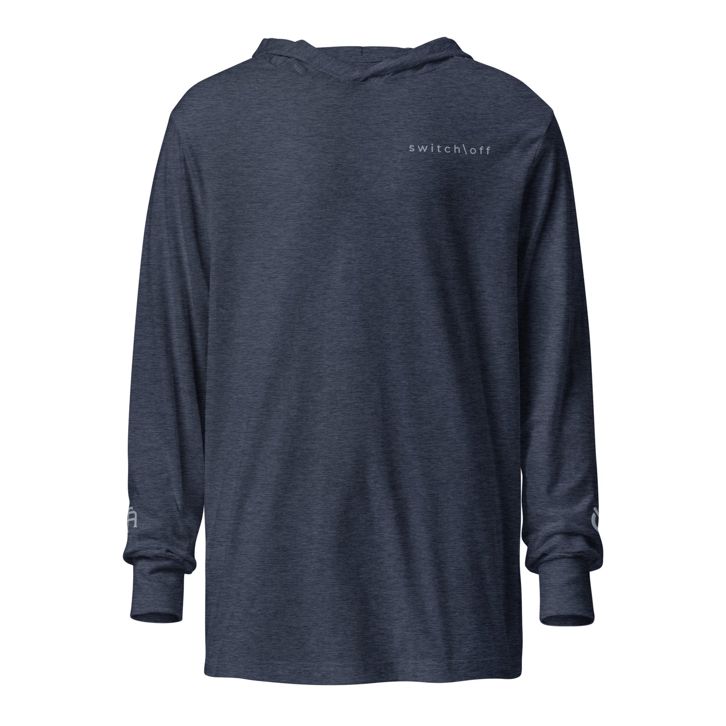 Lightweight Hooded Long sleeve cotton shirt in navy heather with gray switch\off embroidery - An Athlete Trains. Front view