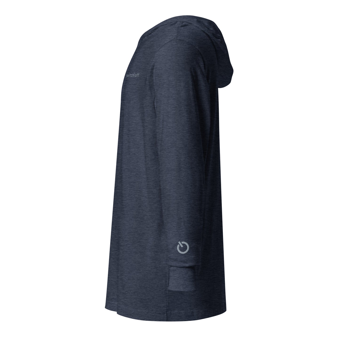 Lightweight Hooded Long sleeve cotton shirt in navy heather with gray embroidery - An Athlete Trains. Side view