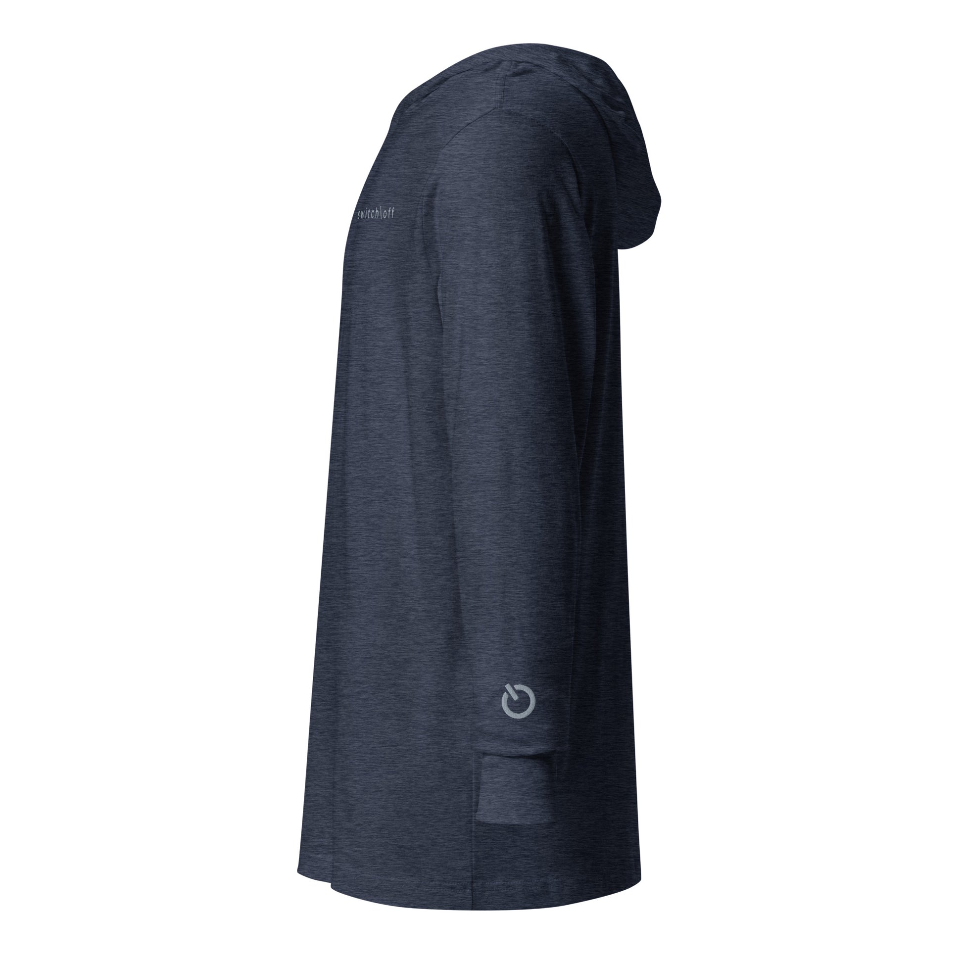 Lightweight Hooded Long sleeve cotton shirt in navy heather with gray embroidery - An Athlete Trains. Side view
