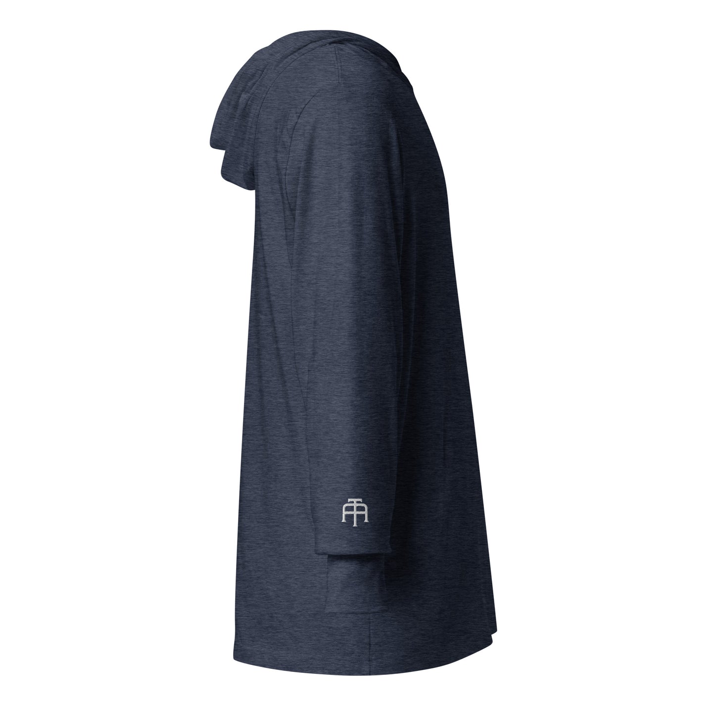 Lightweight Hooded Long sleeve cotton shirt in navy heather with white embroidery - An Athlete Trains. Side view