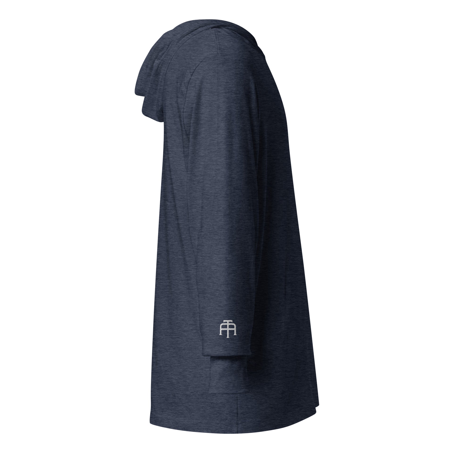 Lightweight Hooded Long sleeve cotton shirt in navy heather with white embroidery - An Athlete Trains. Side view
