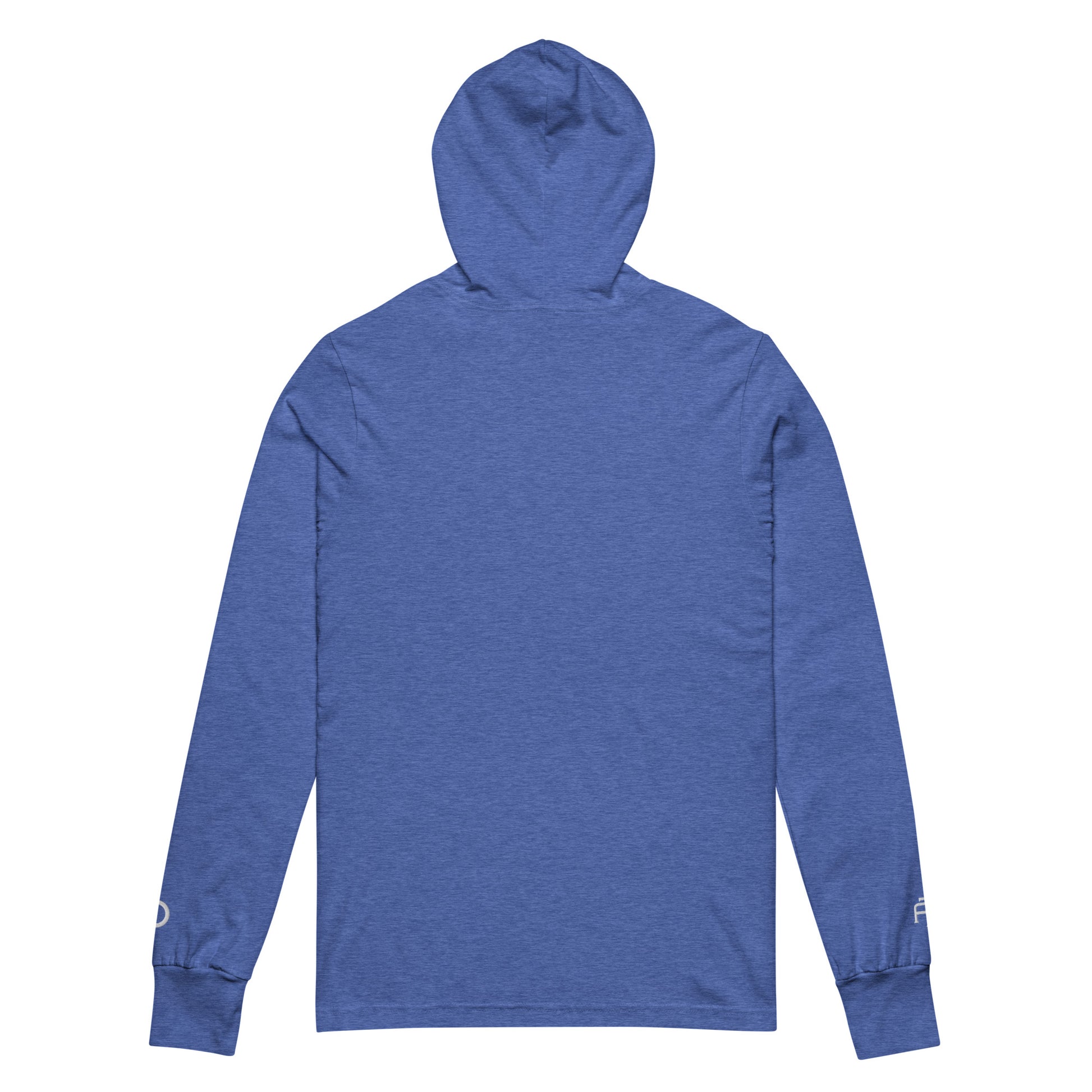 Lightweight Hooded Long sleeve cotton shirt in royal blue heather with white embroidery - An Athlete Trains. Back view