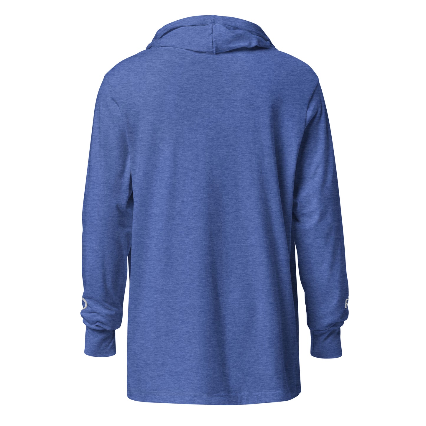 Lightweight Hooded Long sleeve cotton shirt in royal blue heather heather with white embroidery - An Athlete Trains. Back view