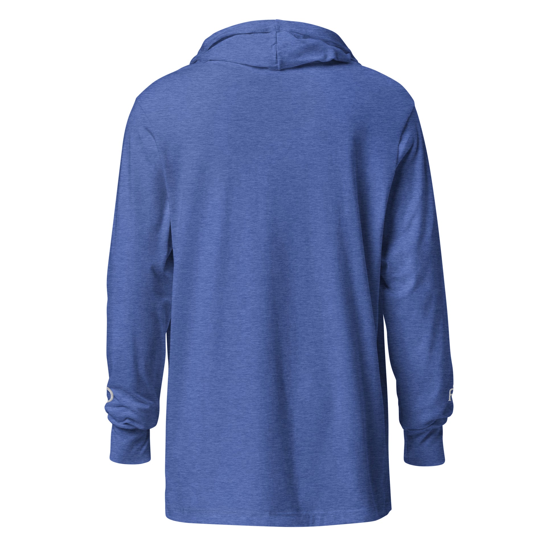 Lightweight Hooded Long sleeve cotton shirt in royal blue heather heather with white embroidery - An Athlete Trains. Back view