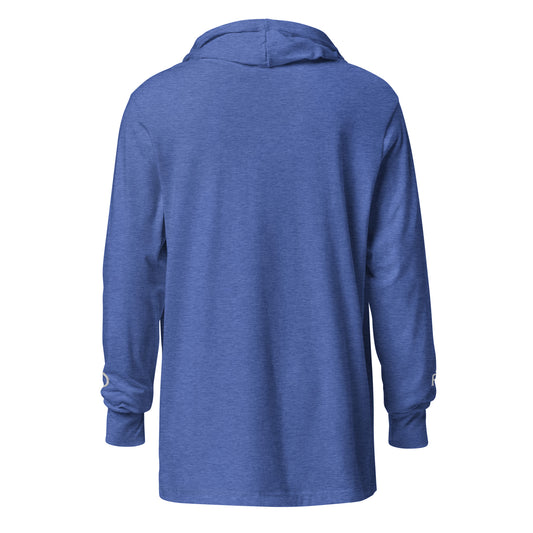Lightweight Hooded Long sleeve cotton shirt in royal blue heather heather with white embroidery - An Athlete Trains. Back view