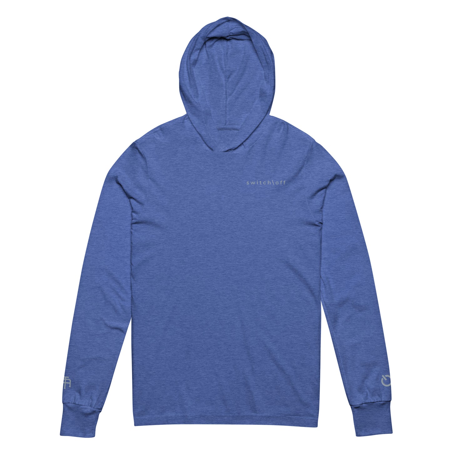 Lightweight Hooded Long sleeve cotton shirt in royal blue heather with gray switch\off embroidery - An Athlete Trains. Front view