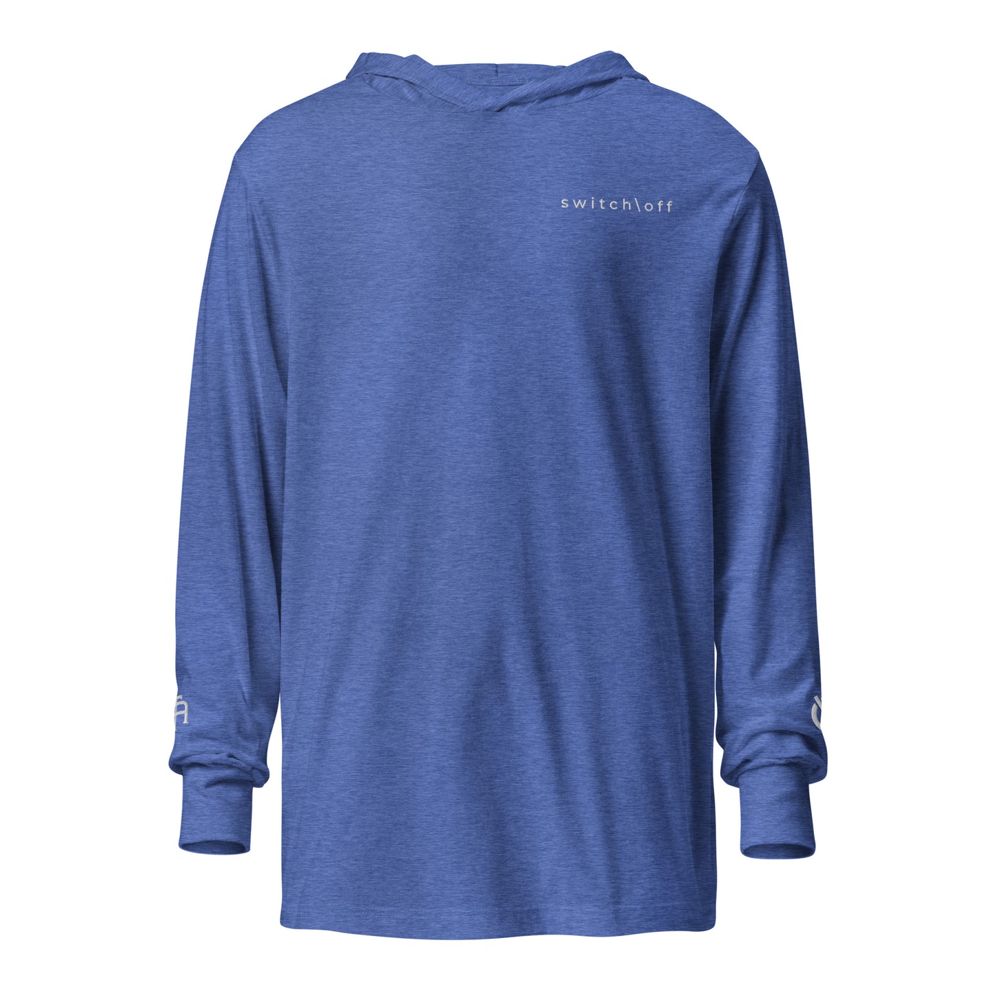 Lightweight Hooded Long sleeve cotton shirt in royal blue heather with white switch\off embroidery - An Athlete Trains. Front view