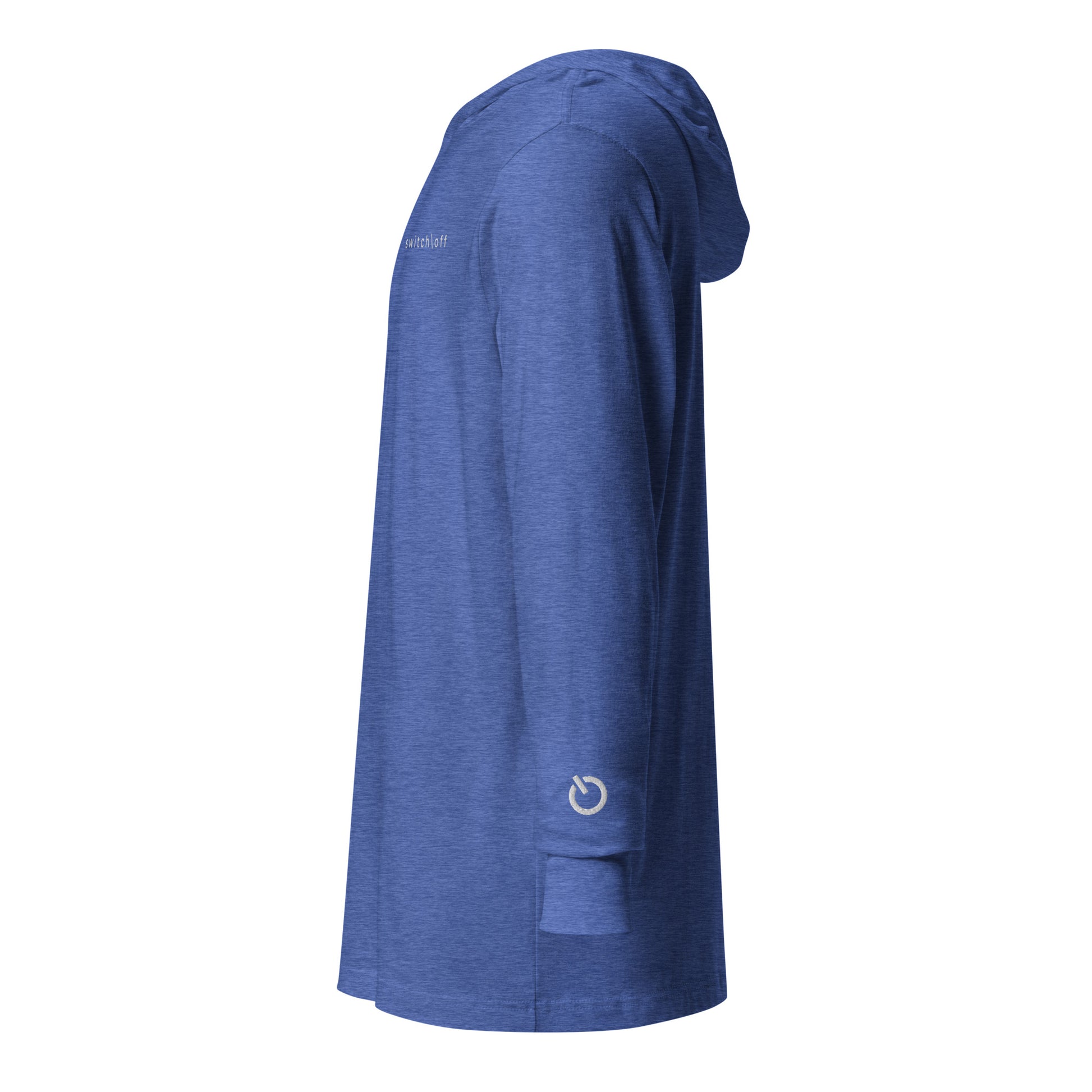 Lightweight Hooded Long sleeve cotton shirt in royal blue heather with white embroidery - An Athlete Trains. Side view