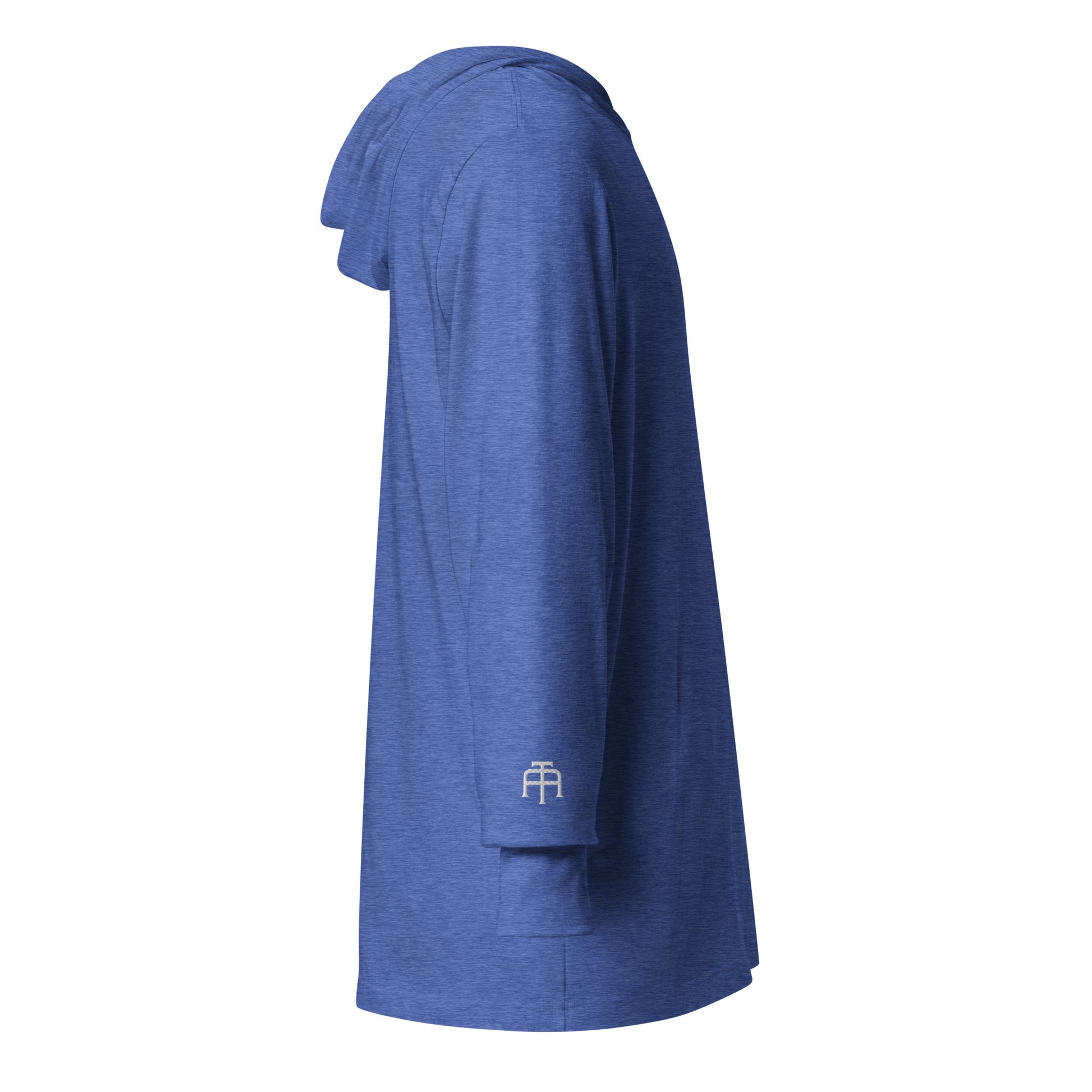 Lightweight Hooded Long sleeve cotton shirt in royal blue heather with white embroidery - An Athlete Trains. Side view
