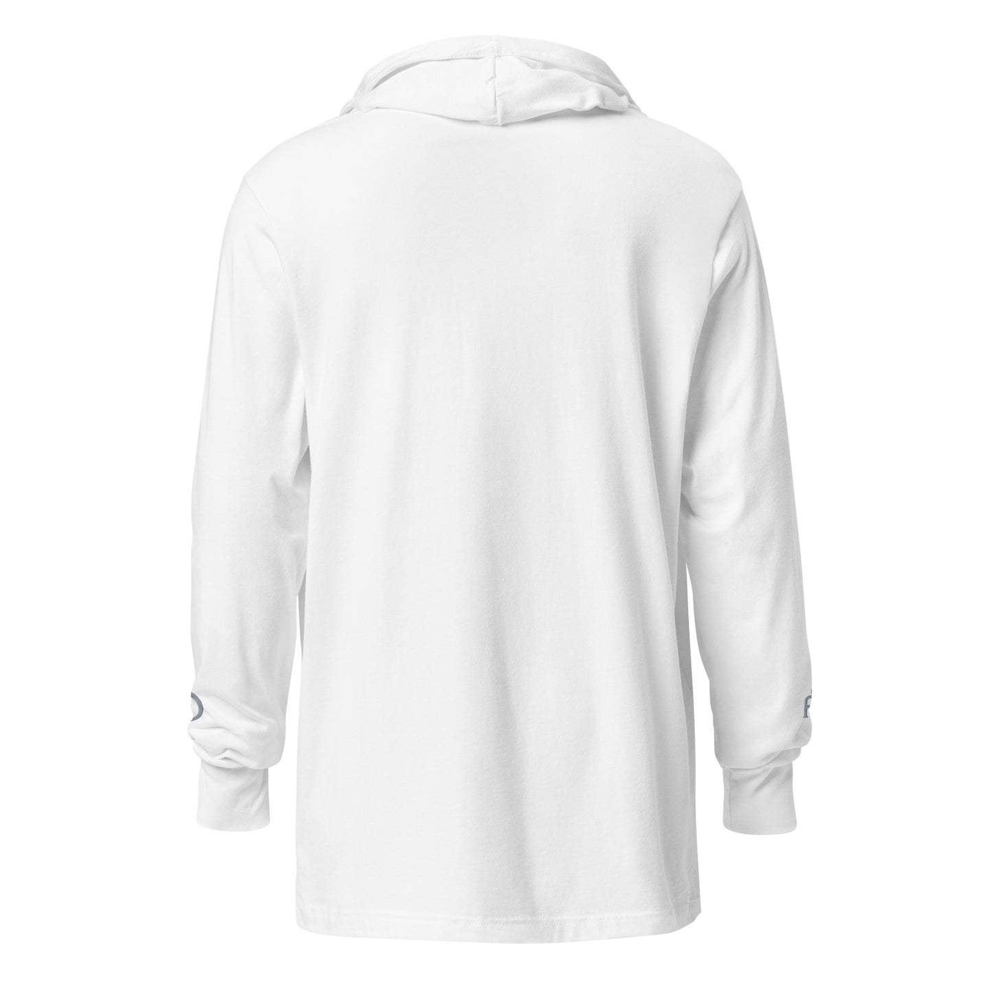 Lightweight Hooded Long sleeve cotton shirt in white with gray embroidery - An Athlete Trains. Back view